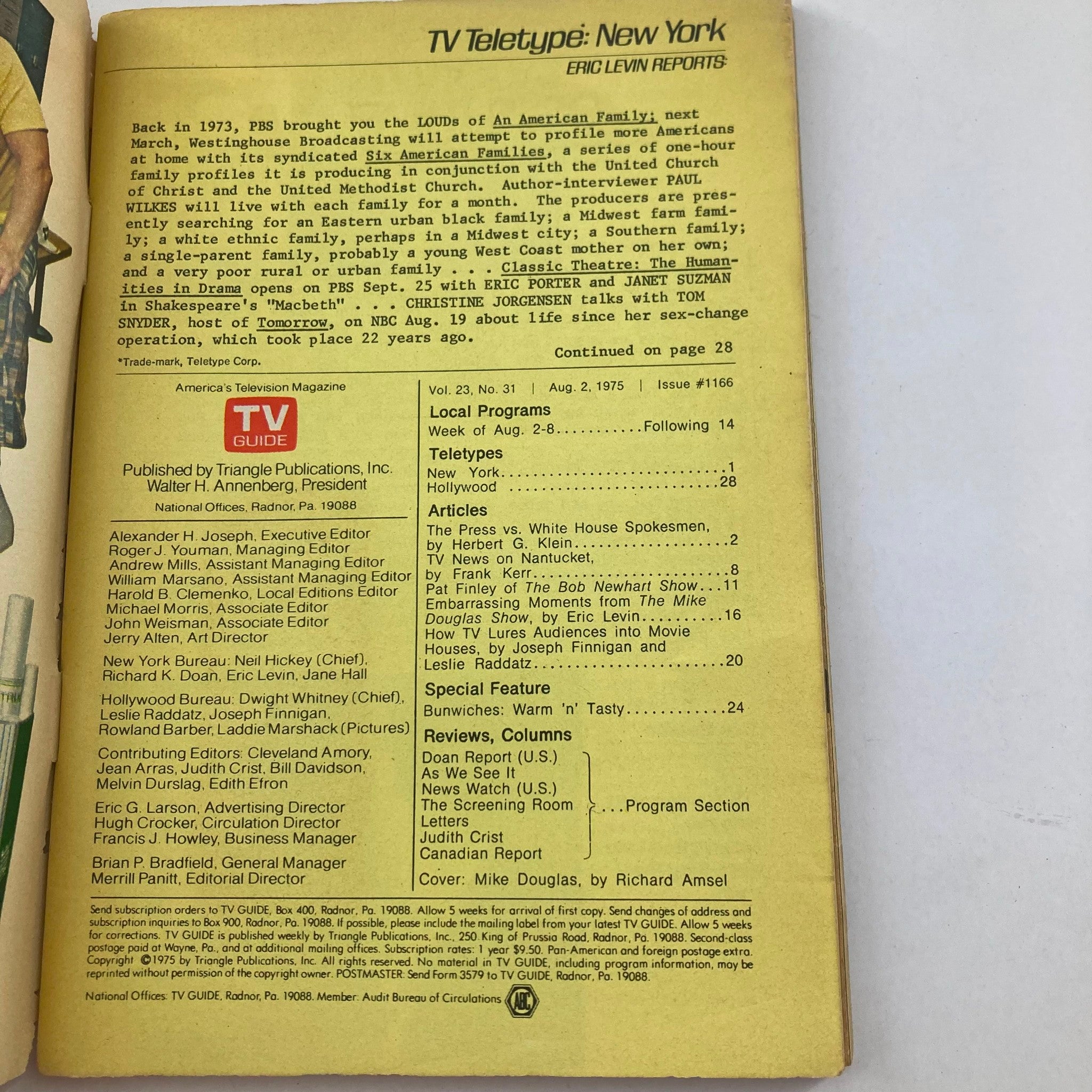 Inside page of TV Guide Magazine August 2 1975 #1166 displaying local programs and articles including ‘The Press vs. White House Spokesmen’ and details about TV shows.