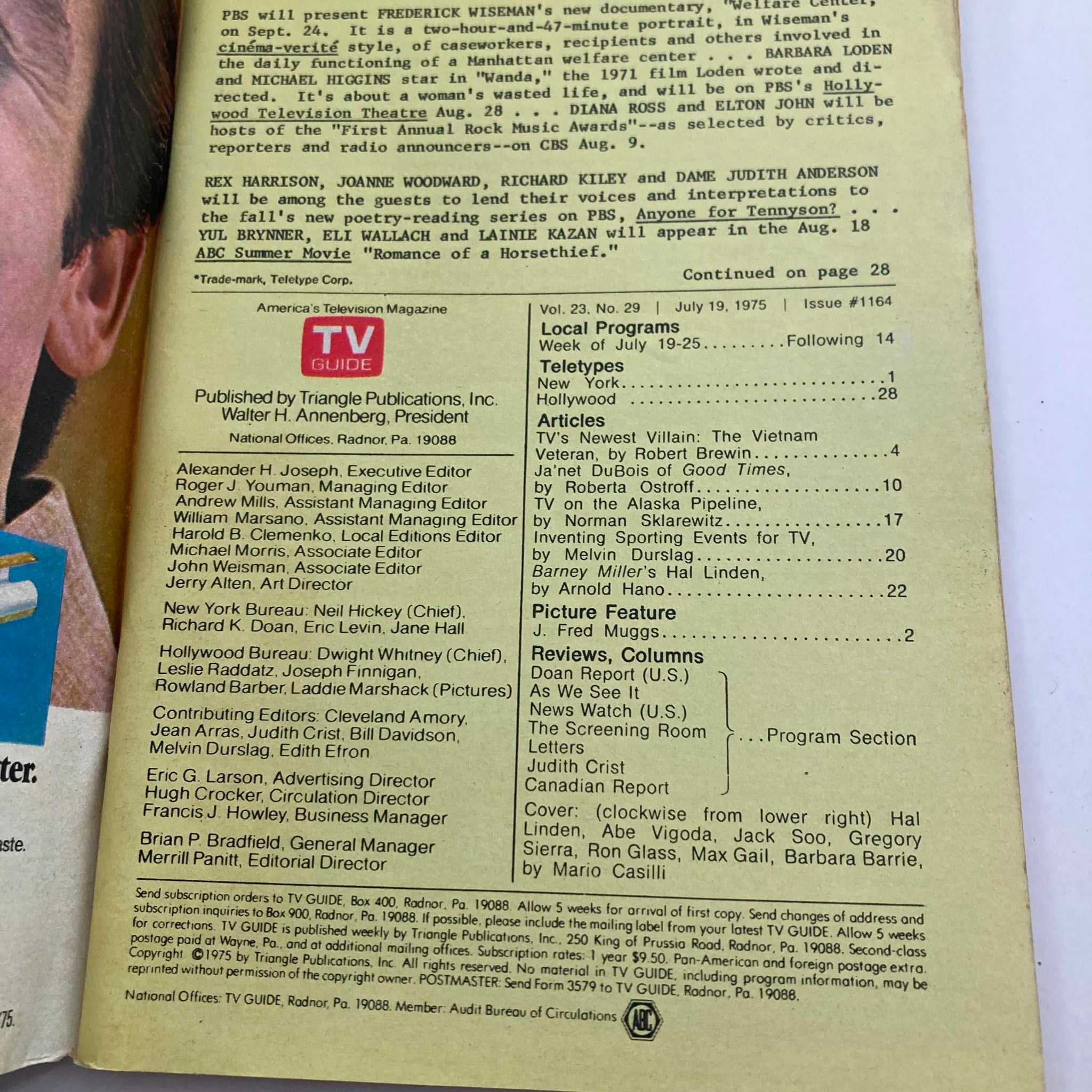 Inside page of TV Guide Magazine July 19 1975 displaying articles and listings, highlighting the editorial team.
