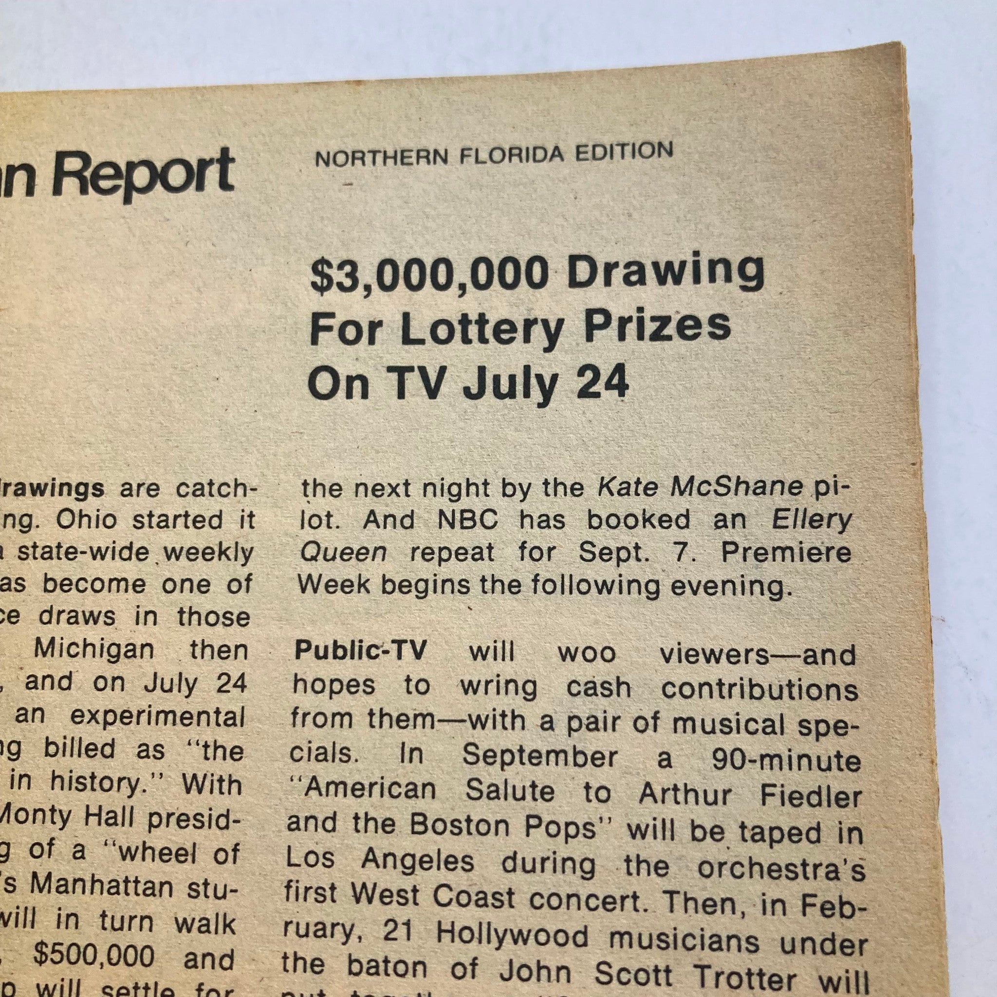 Northern Florida edition of TV Guide Magazine July 19 1975 featuring a report on a $3 million lottery drawing advertised on TV.