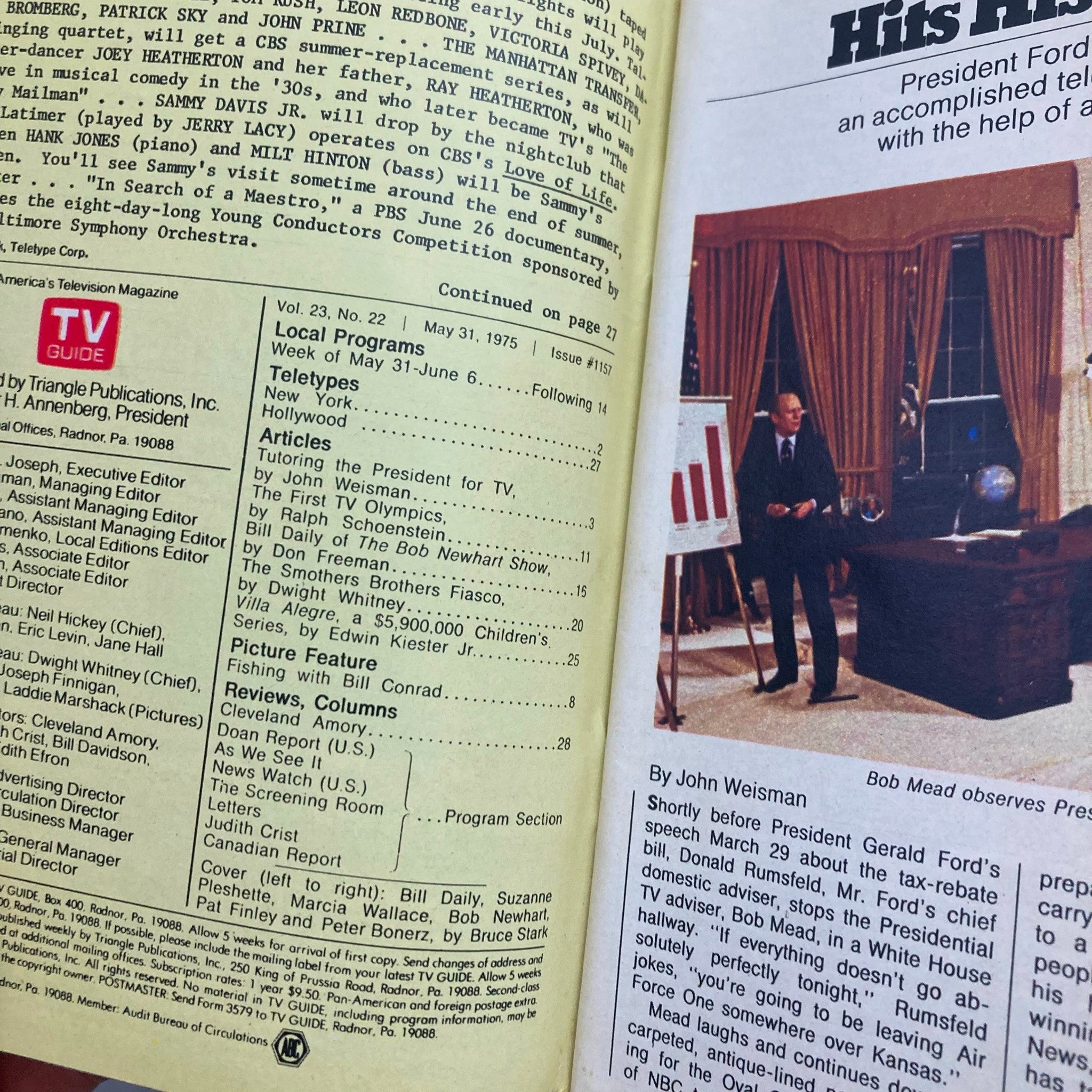 Inside page of TV Guide Magazine, May 31, 1975, showcasing articles and program listings, including highlights from The Bob Newhart Show.