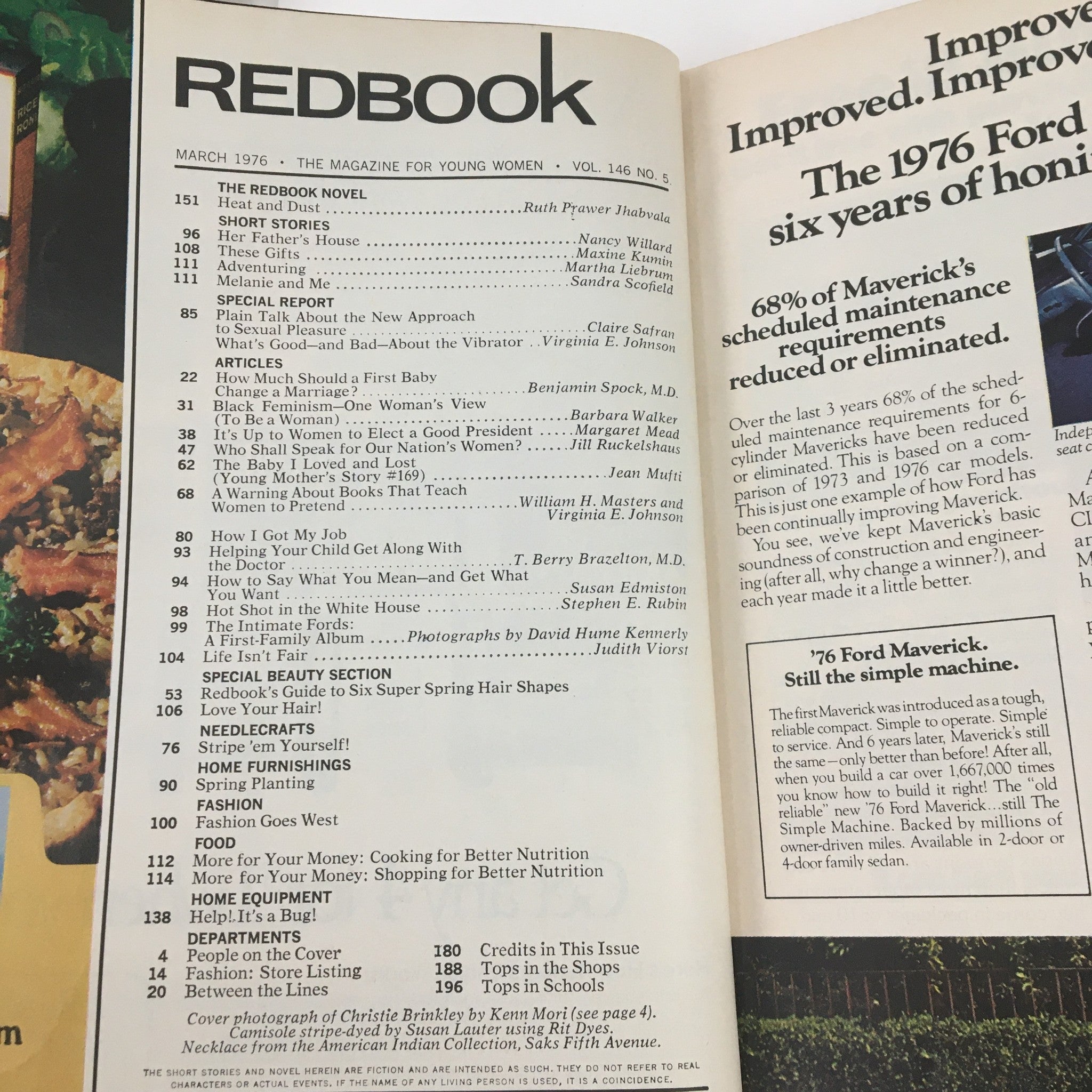 Interior page of Redbook Magazine March 1976, showcasing the table of contents highlighting articles and features of the issue, including a cover story on Christie Brinkley.