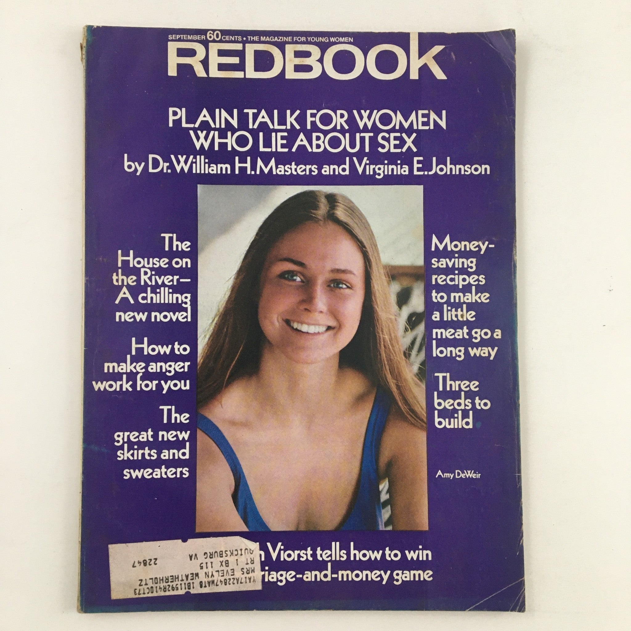 Cover of Redbook Magazine September 1973 featuring a photograph of Amy DeWeir by Hideoki. The cover includes headlines about women's topics, a chilling new novel, and money-saving recipes.