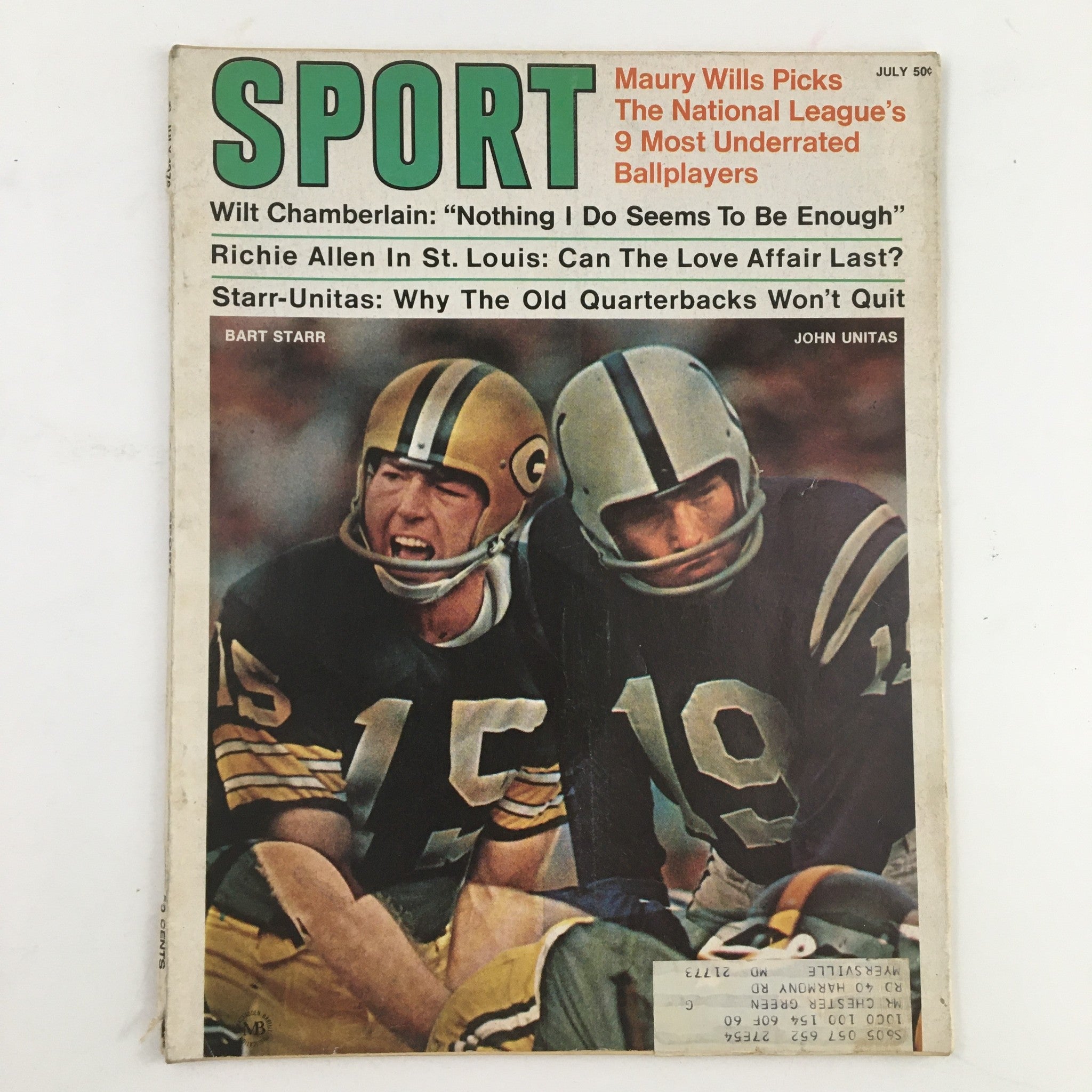 Cover of Sport Magazine July 1970 featuring Bart Starr and Johnny Unitas, the old quarterbacks, showcasing their iconic status in football history.