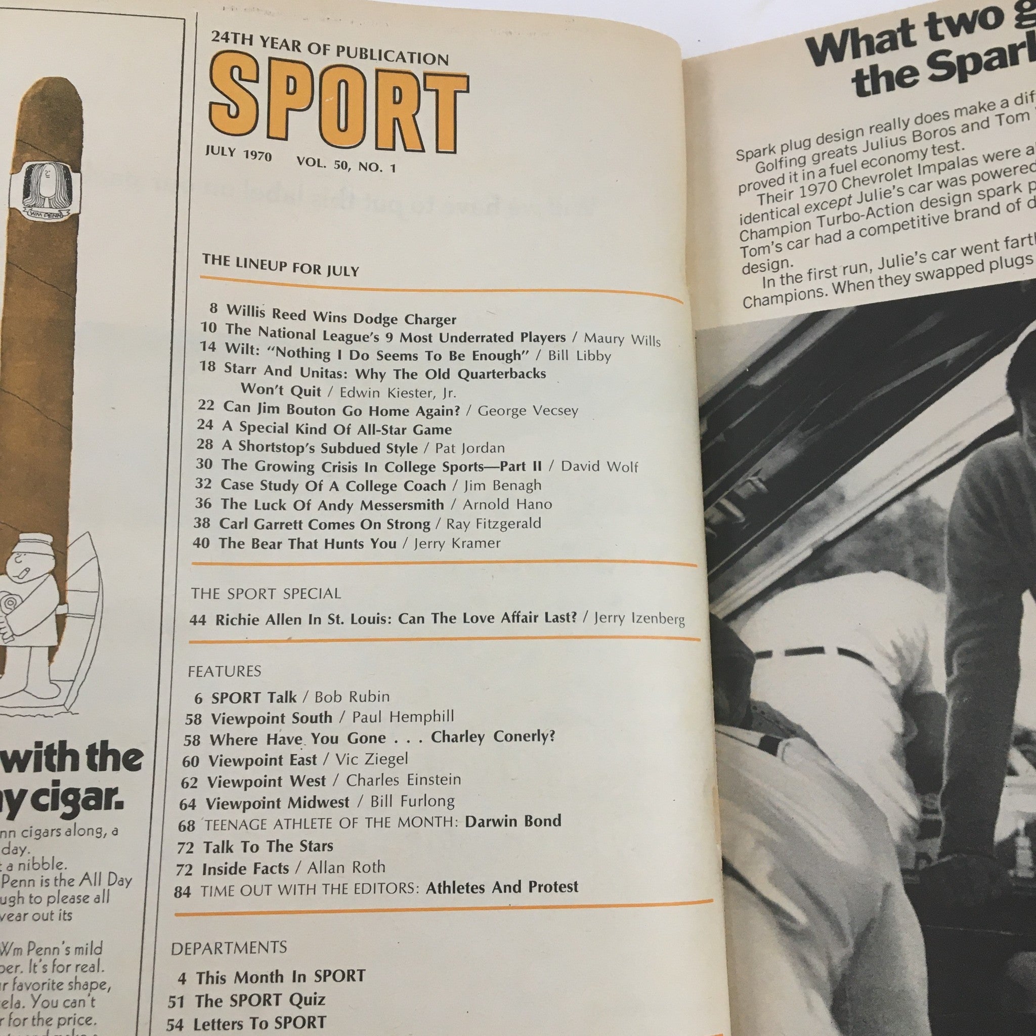 Interior page of Sport Magazine July 1970 outlining the lineup with featured articles, including the focus on Bart Starr and Johnny Unitas, the old quarterbacks.