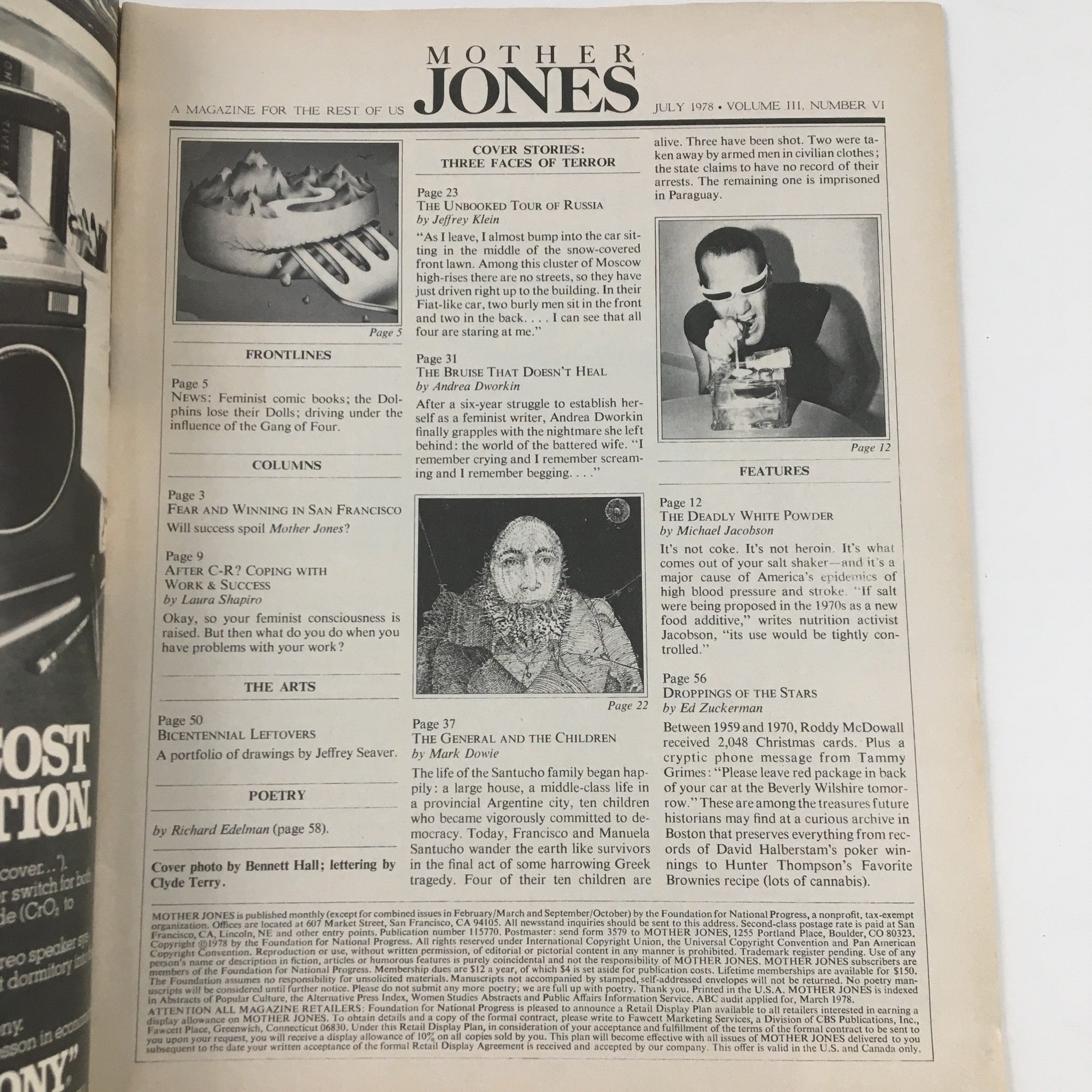 Mother Jones Magazine July 1978, featuring articles on topics such as 'The Unlocked Tour of Russia,' 'The Bubble That Doesn’t Heal,' and other significant events. The magazine cover and contents page showcase key stories of the era.