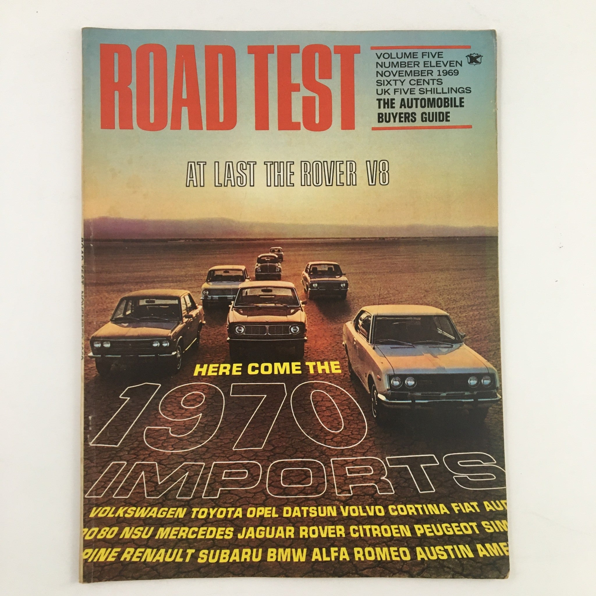 Road Test Magazine September 1969 featuring a cover showcasing various cars and highlighting the 1970 imports including Volkswagen and Toyota, set against a scenic backdrop.
