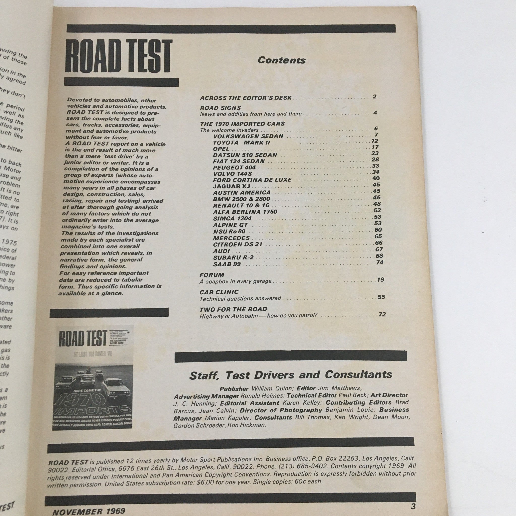 Inside view of Road Test Magazine September 1969 displaying the contents page, summarizing articles and featured cars including Volkswagen, Toyota, and other imports.