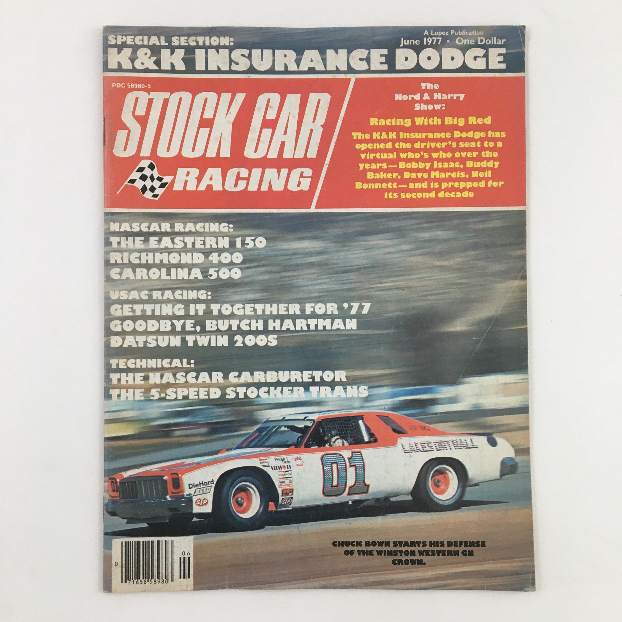 Stock Car Racing Magazine June 1977 cover featuring a racing car and articles on NASCAR and USAC racing events, including The Eastern 150 and Richmond 400.