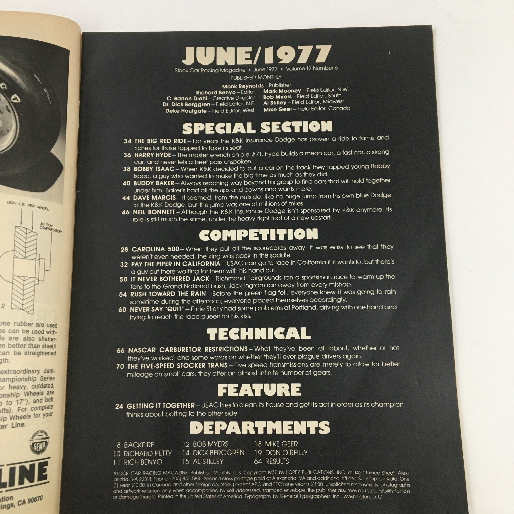 Inside page of Stock Car Racing Magazine June 1977 showing the table of contents with sections including special features, competition, and technical insights related to stock car racing.
