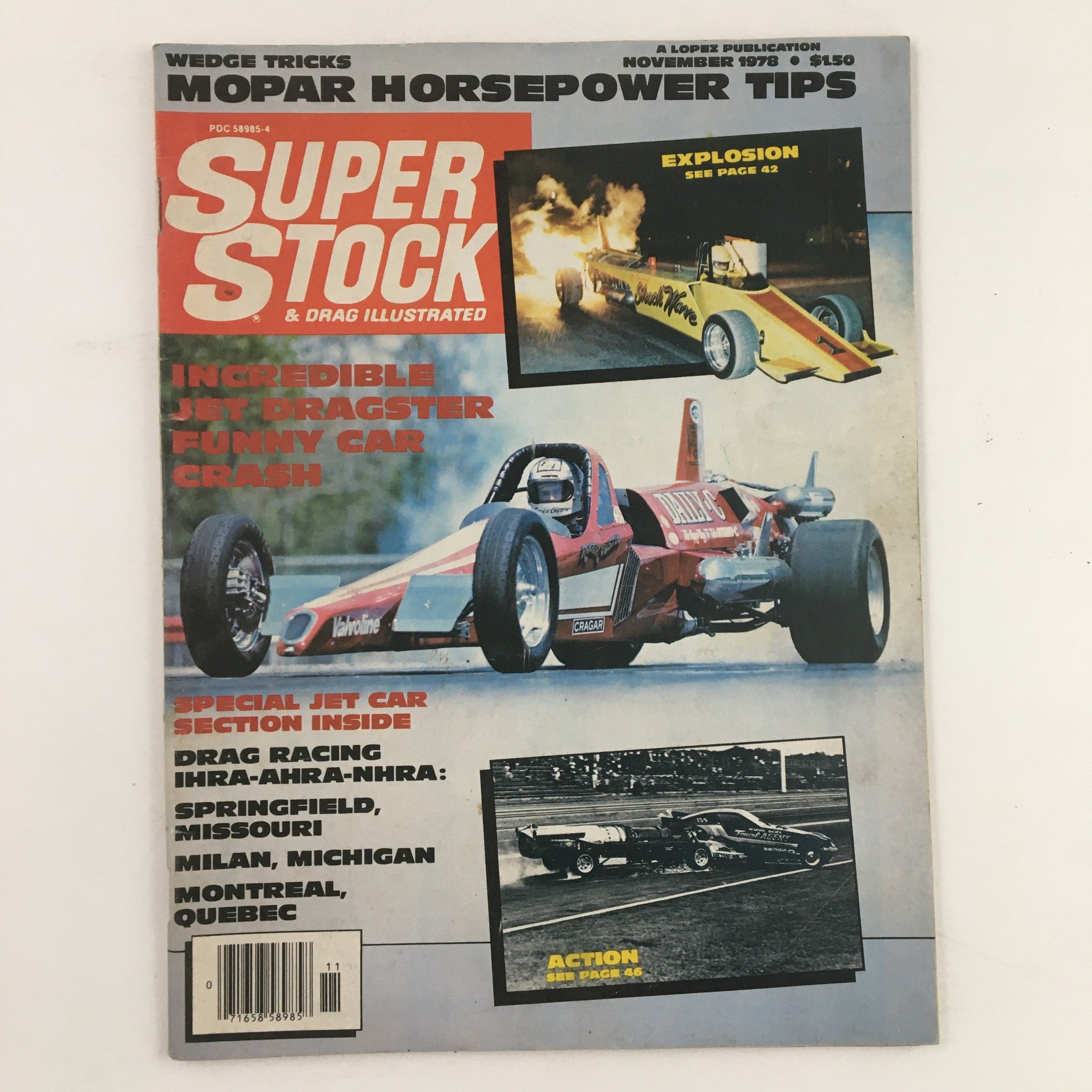 Cover of Super Stock Magazine November 1978 featuring Jim Kelso's "Shockwave" drag racing car, showcasing vibrant visuals and captivating headlines related to drag racing.