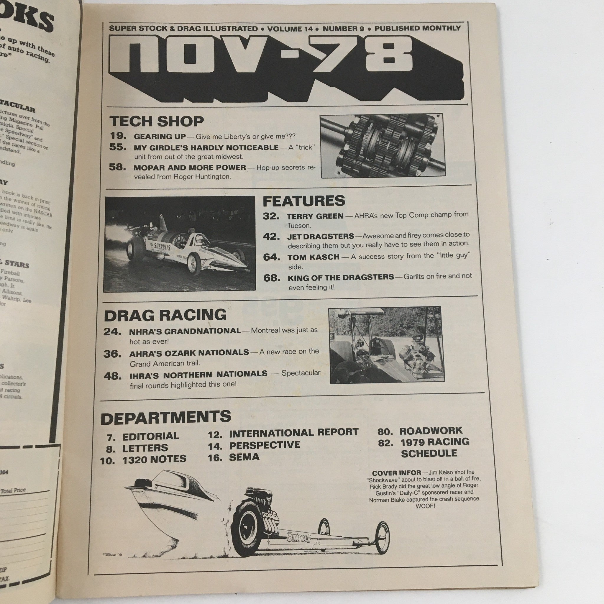 Inside page from Super Stock Magazine November 1978 displaying the contents and features including technical articles, drag racing events, and notable racers of the time.