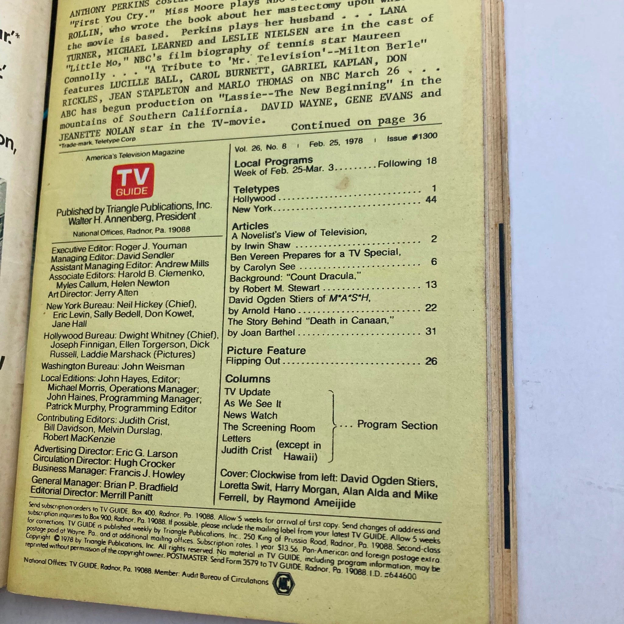 TV Guide Magazine February 25 1978 issue #1300 featuring content overview, articles, and advertisements. Showcases television-related topics relevant to its time, with Loretta Switt highlighted as part of the Wheeling-Steubenville edition.