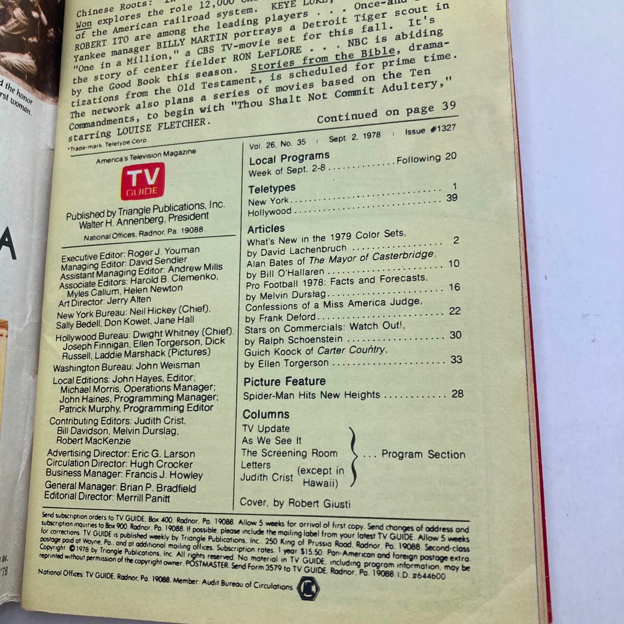 Interior page of TV Guide Magazine September 2 1978 #1327, featuring local programs and a list of articles, showcasing its historical significance in television history.
