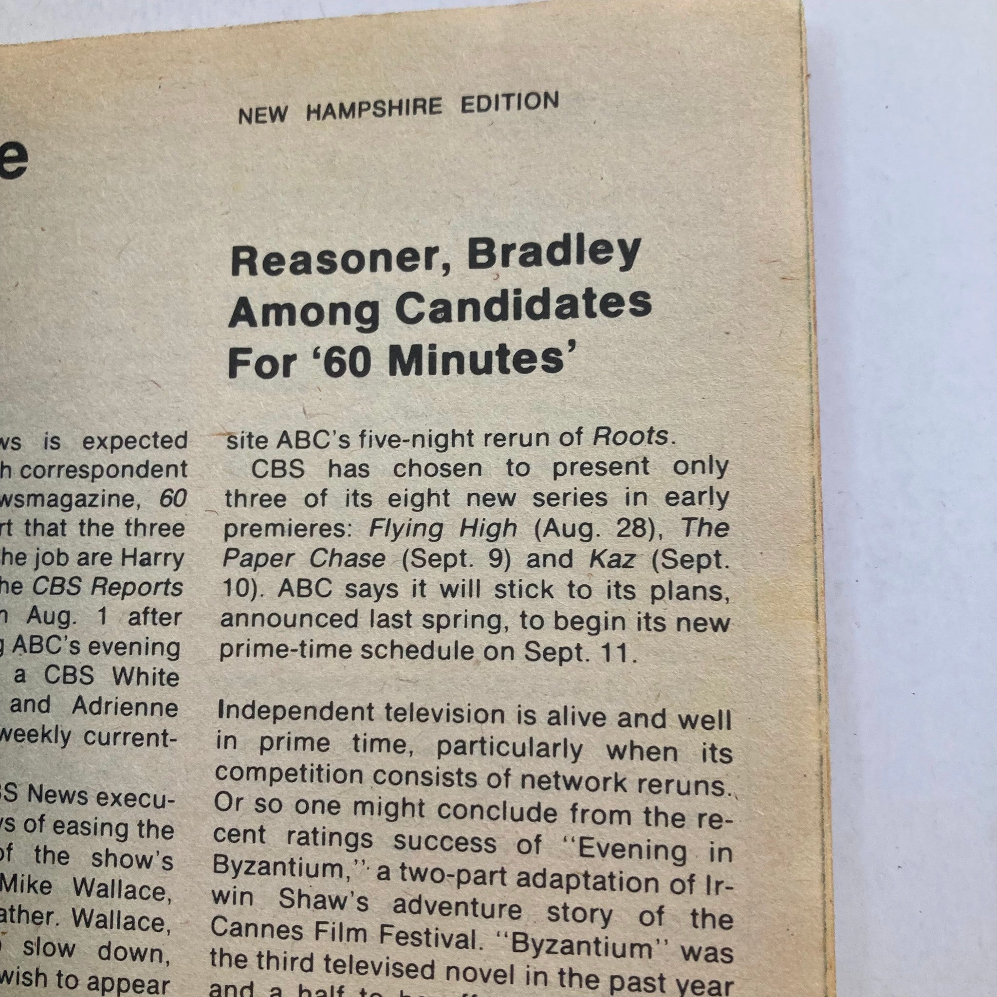 Page from TV Guide Magazine September 2 1978 #1327, New Hampshire Edition, highlighting TV programming and notable candidates for the show '60 Minutes'.