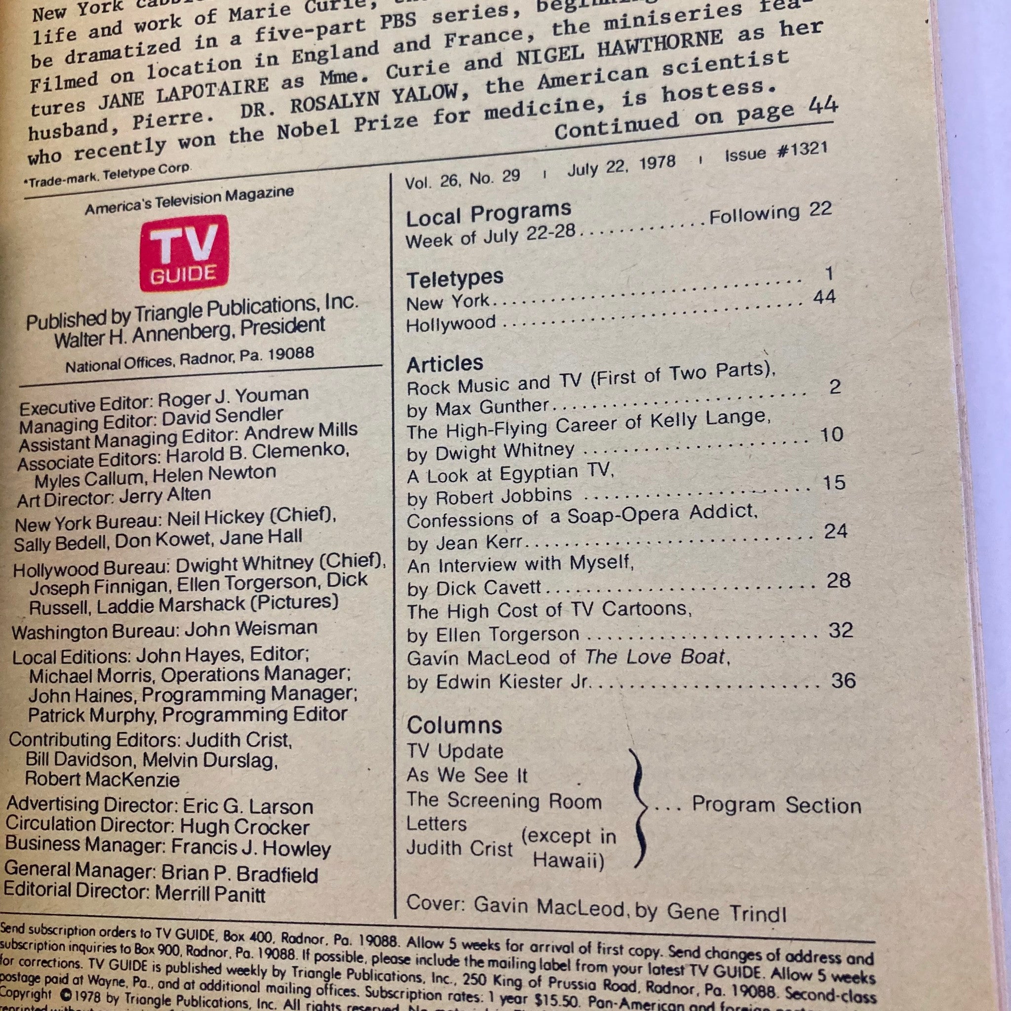 Interior page of TV Guide Magazine dated July 22 1978, displaying the table of contents and editorial details. The layout provides insights into the magazine's articles and contributors.