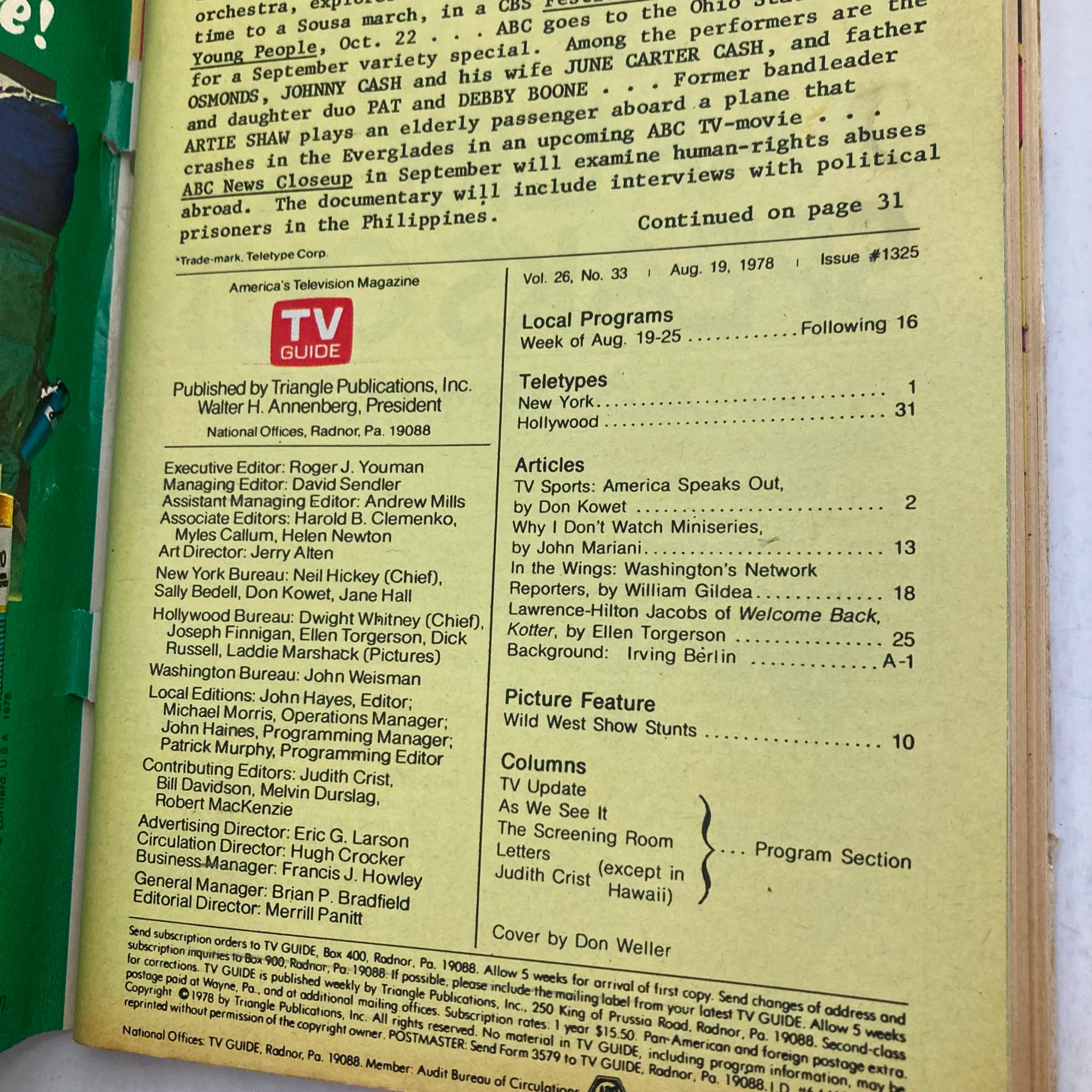 Inside back cover of TV Guide Magazine August 19 1978 #1325, displaying publication details and editorial information, emphasizing its vintage significance.