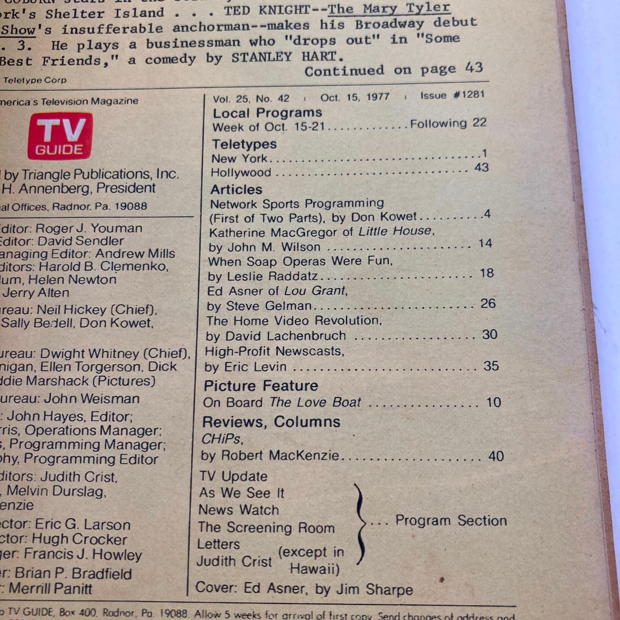 Inside page of TV Guide Magazine October 15, 1977 showing the table of contents. The page includes segments on articles and features involving television programming, including a highlight about Ed Asner of 'Lou Grant'.