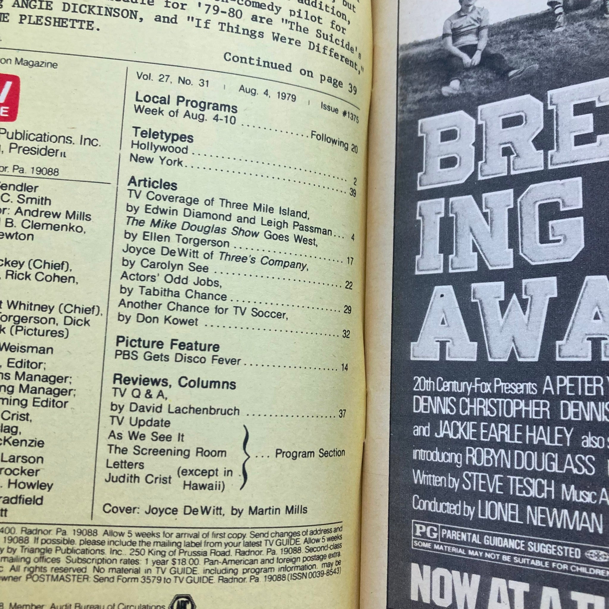 Interior page of TV Guide Magazine August 4, 1979, featuring listings and articles including Joyce DeWitt of 'Three's Company', demonstrating the magazine's detailed program schedule.