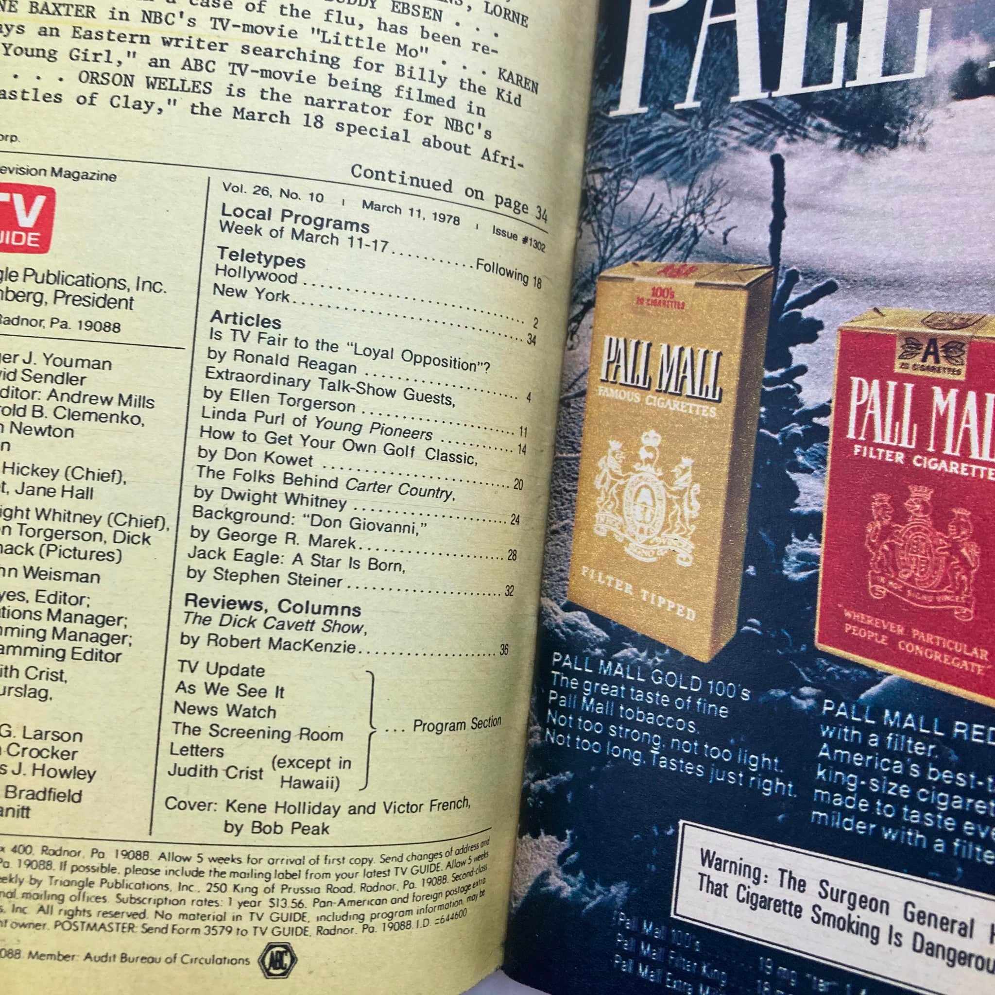 Inside view of TV Guide Magazine from March 11 1978, displaying the contents page with articles and updates on local programs and television shows.