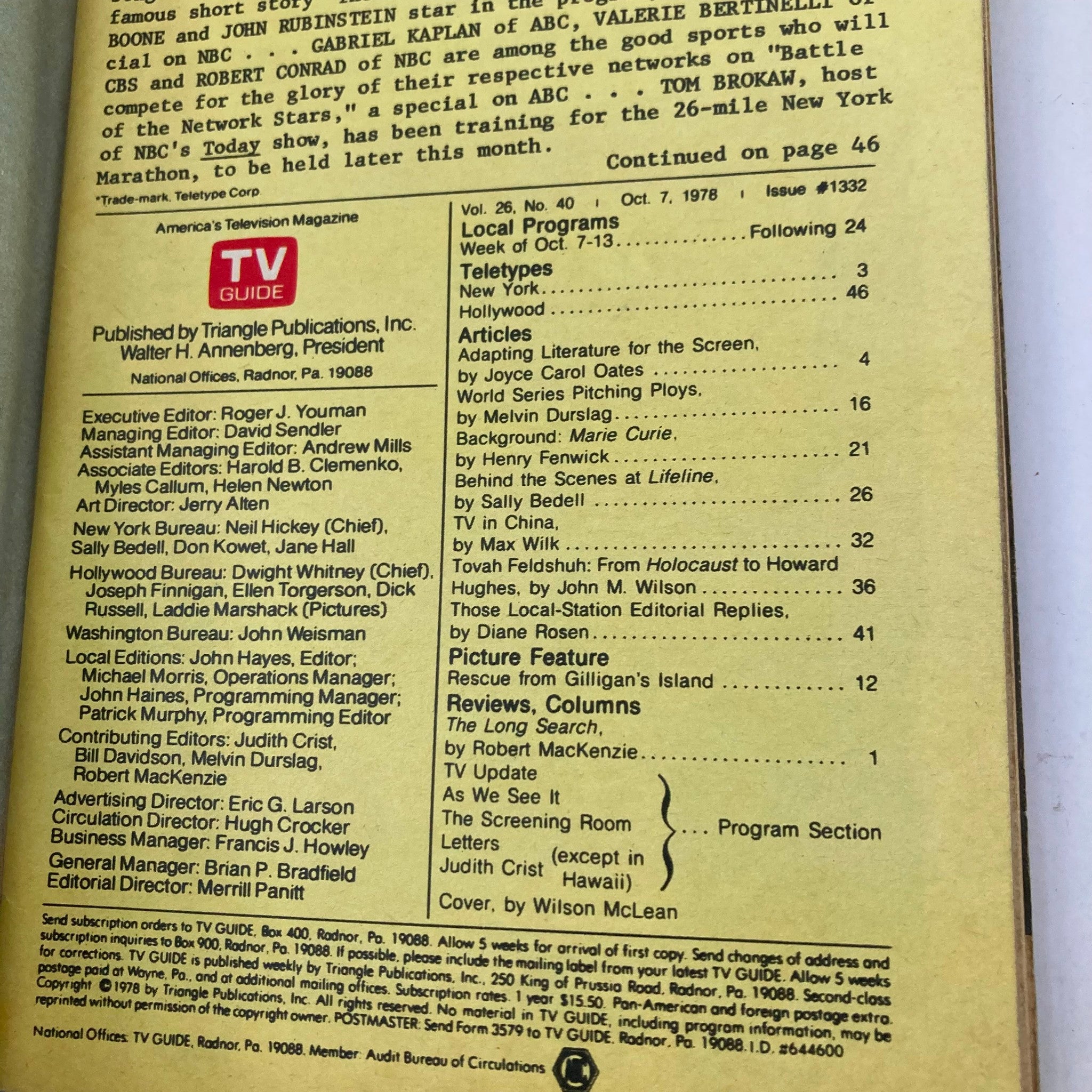 Inside page of TV Guide Magazine from October 7 1978 highlighting local program listings and articles related to the Wheeling-Steubenville edition.