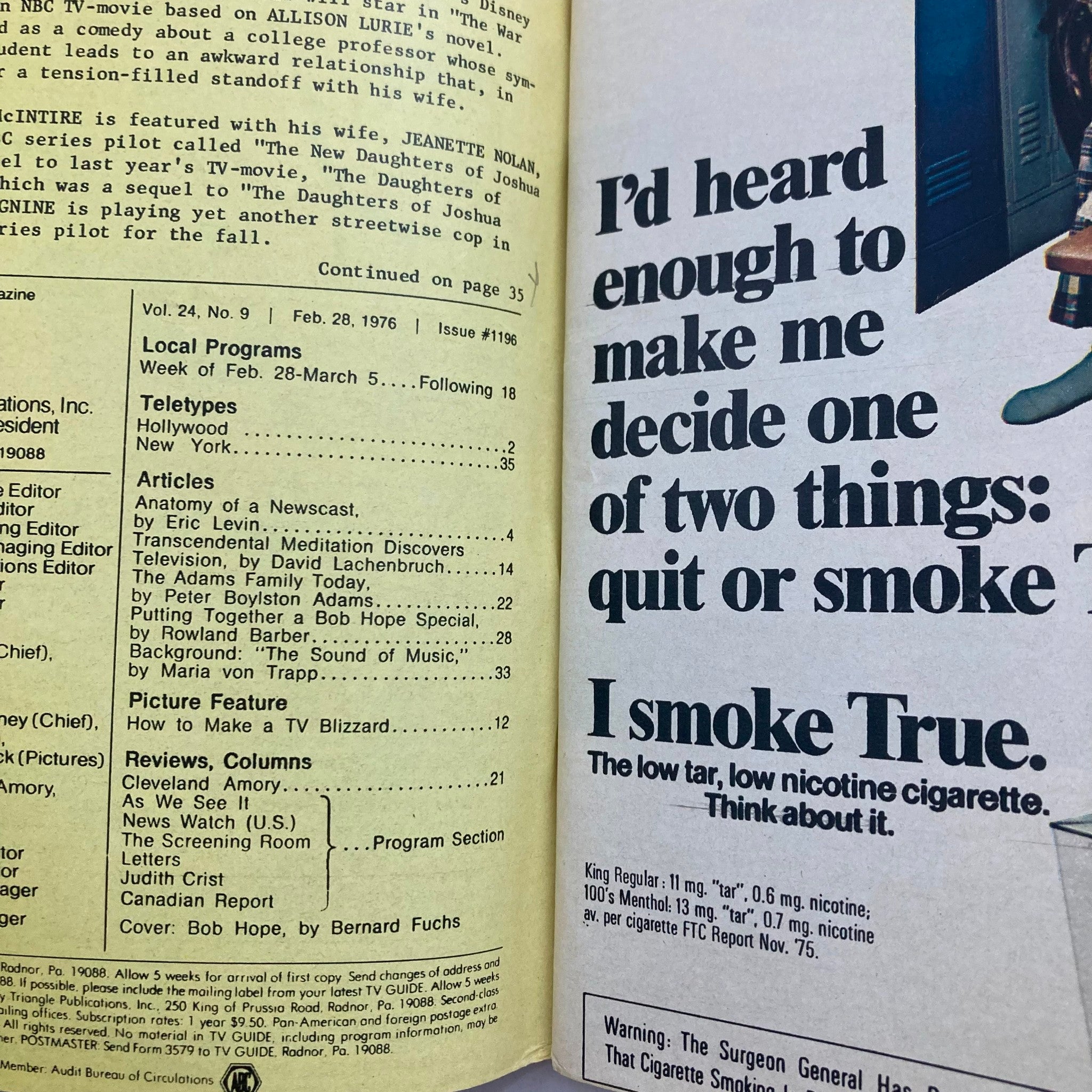 Inside page of TV Guide Magazine February 28 1976, detailing articles and local programs, including content about Bob Hope. The page offers insights into television history and features advertisements, highlighting the era's unique advertising style.