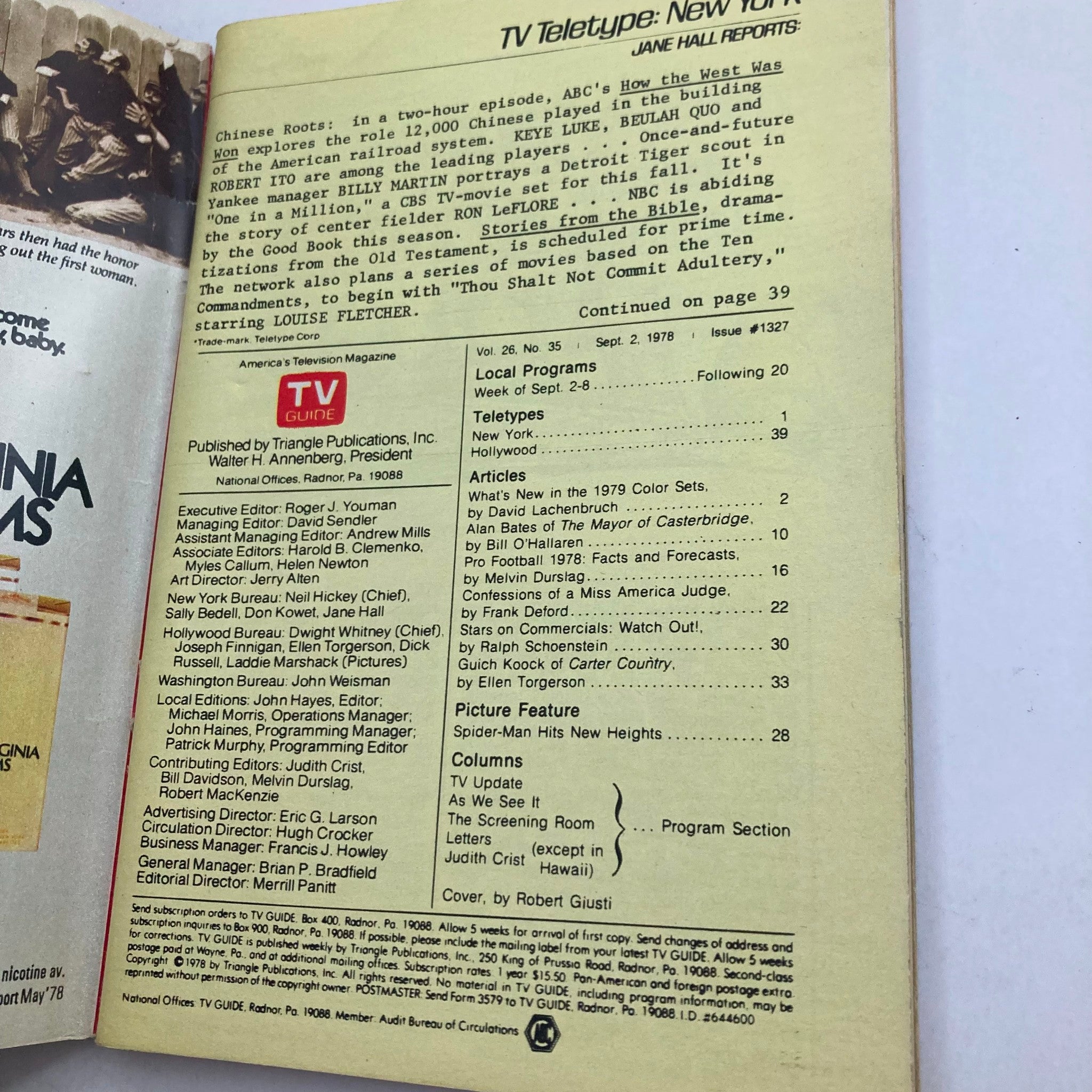 Inside page of TV Guide Magazine September 2, 1978 detailing local programs, teletypes, and articles related to television, including 'Pro Football '78: Facts and Forecasts'.