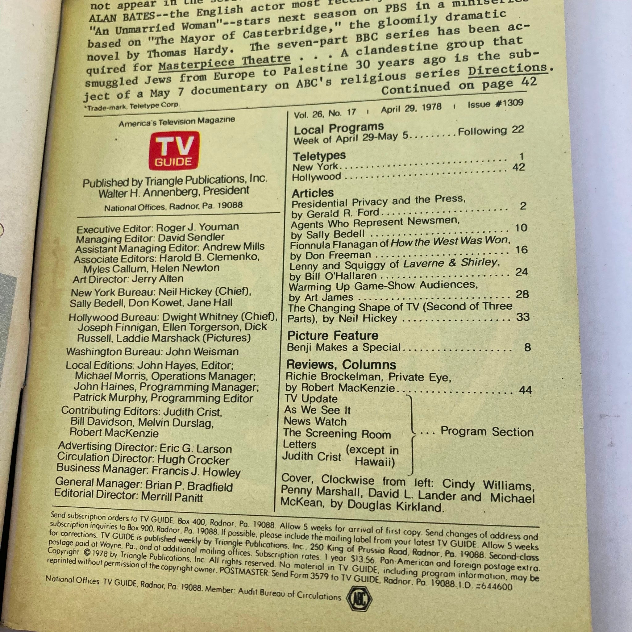 Inside page from TV Guide Magazine April 29 1978 #1309, detailing articles and features including content about television history and programming.