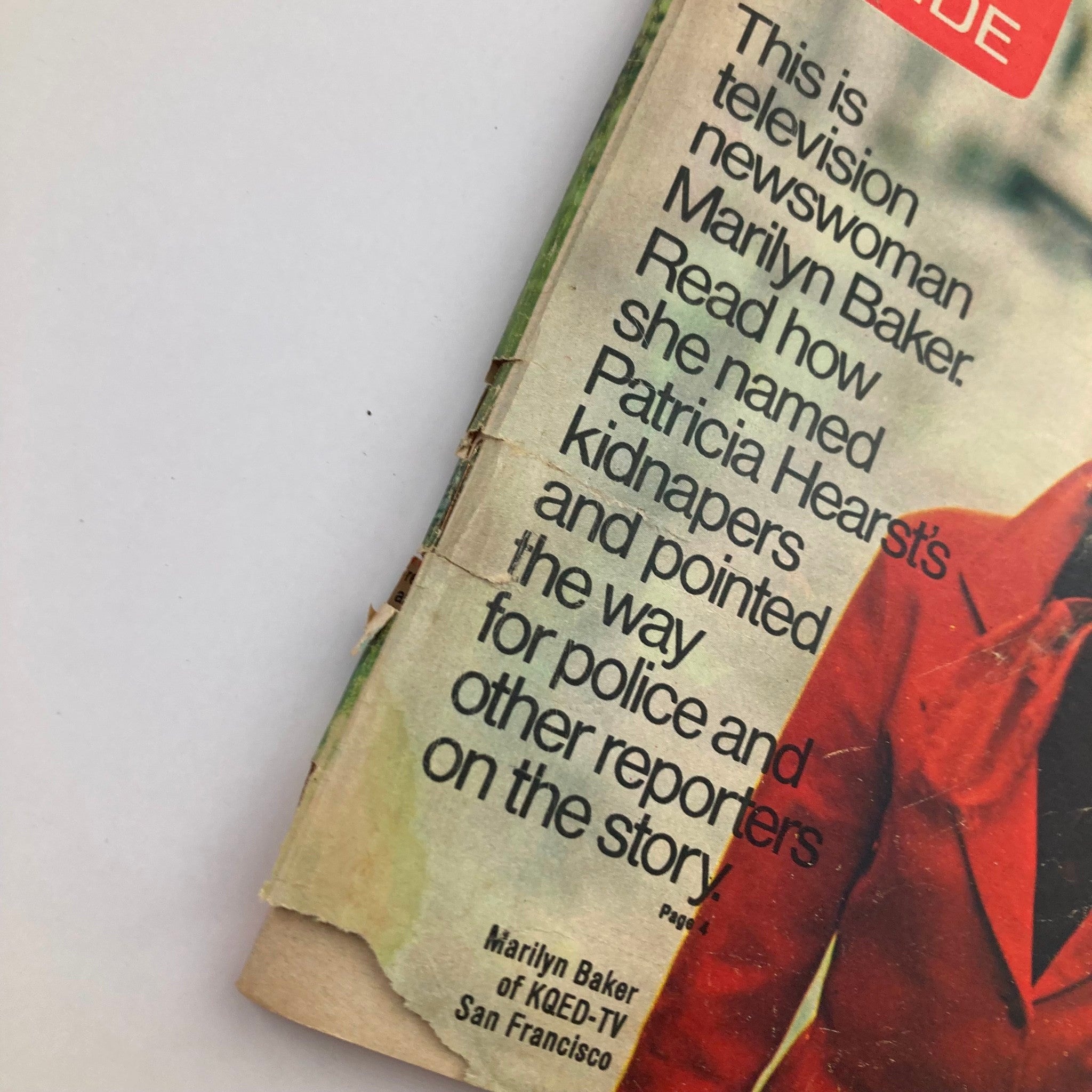 Close-up of TV Guide Magazine June 8 1974 #1106 showing text about Marilyn Baker and her coverage of Patricia Hearst's kidnapping.
