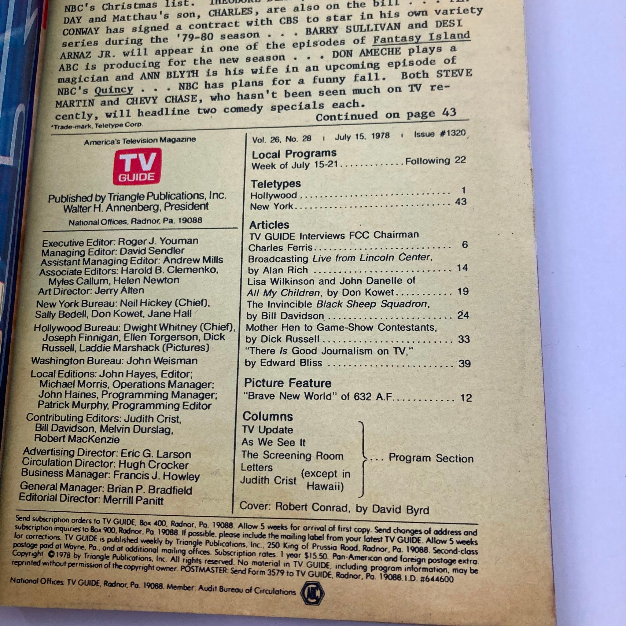 Back cover of TV Guide Magazine July 15 1978 #1320 displaying publication details and articles included in the issue, such as interviews and TV program listings.