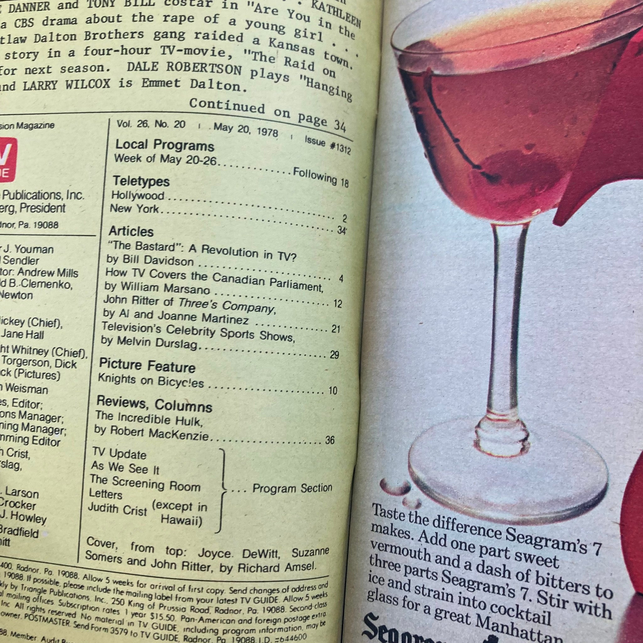 TV Guide Magazine May 20 1978 #1312 features an article excerpt about CBS programming alongside an elegant cocktail glass and Seagram's 7 advertisement.
