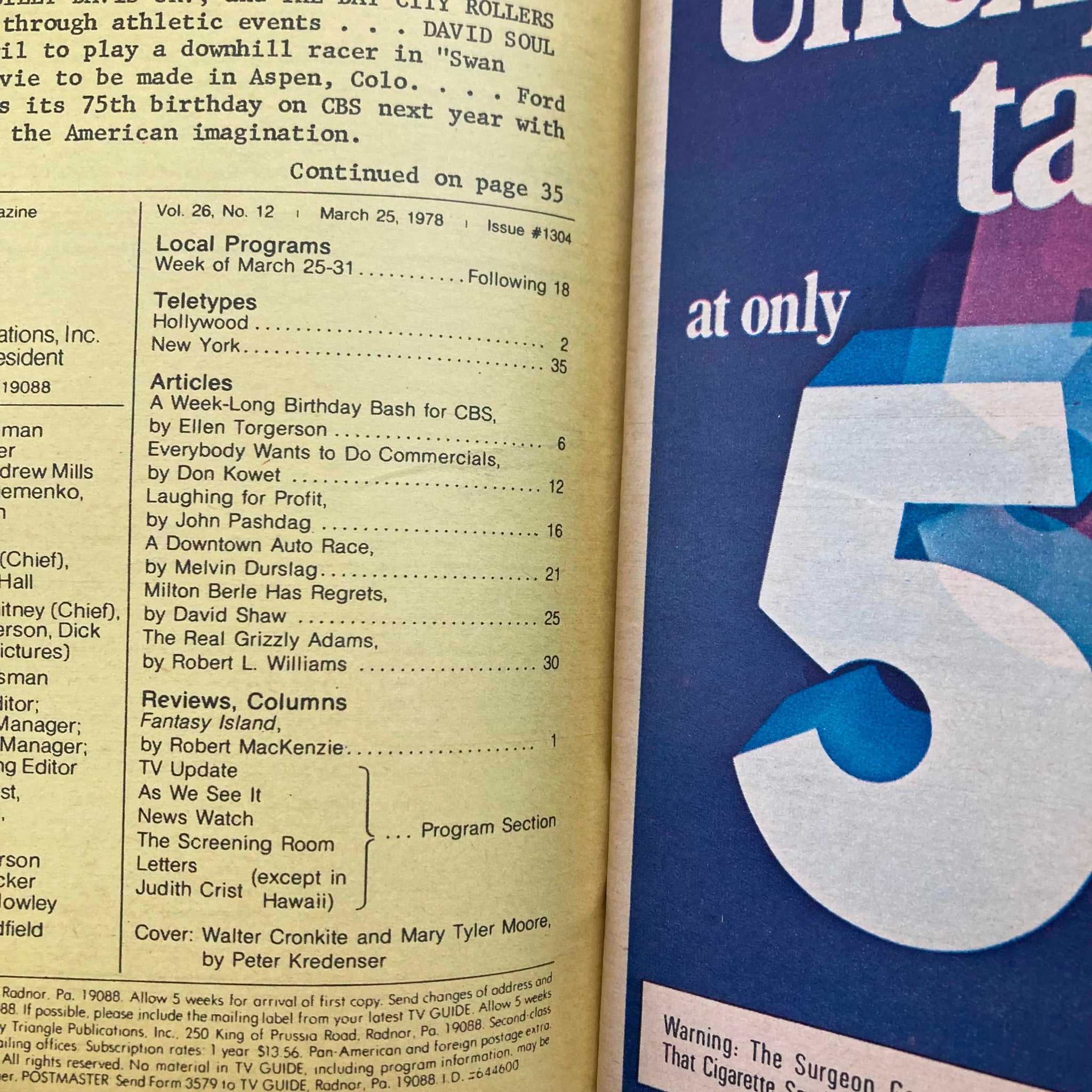 Inside page of TV Guide Magazine March 25 1978 #1304, includes table of contents and article listings, celebrating CBS's 50th anniversary.