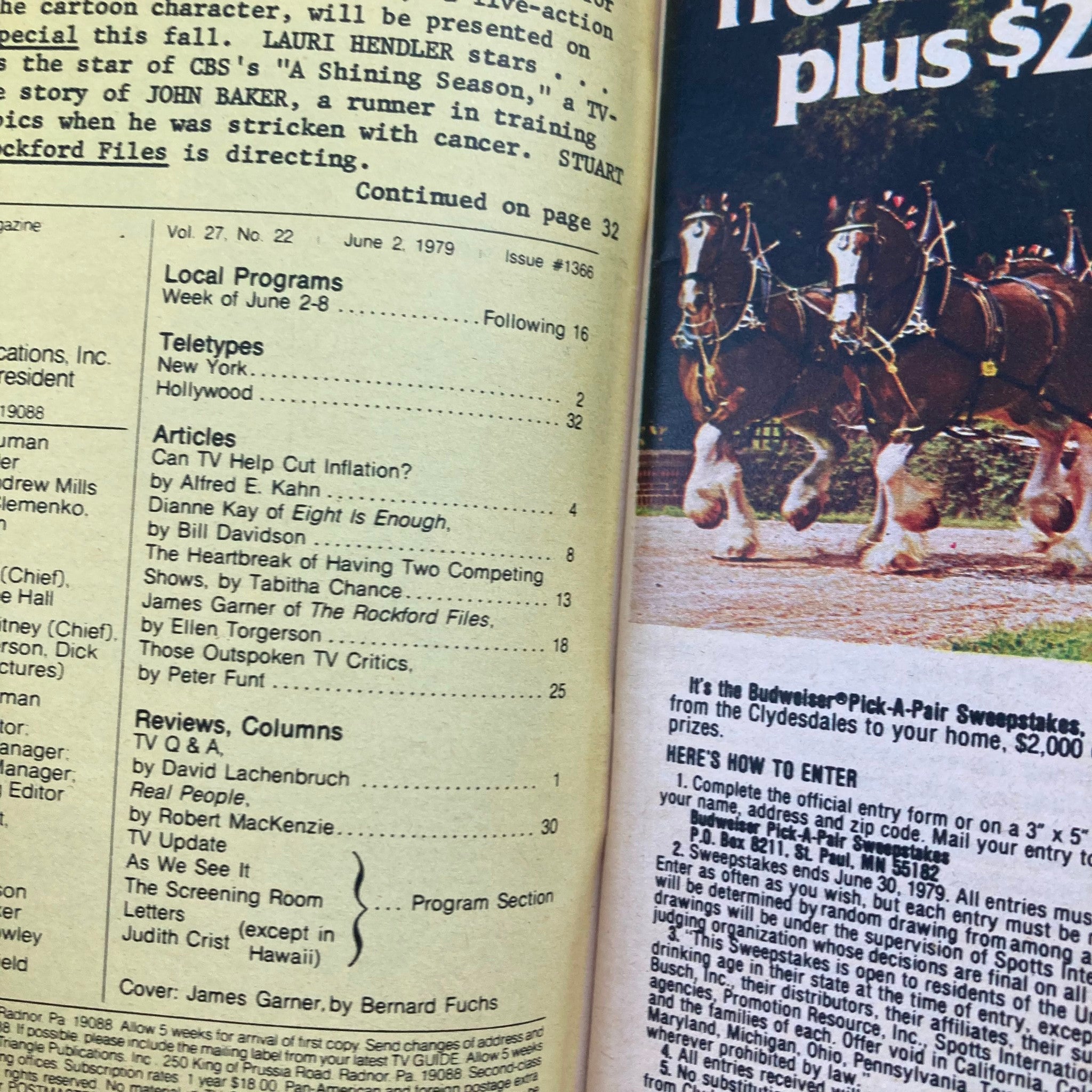 Interior page of TV Guide Magazine dated June 2, 1979 featuring local program listings, articles, and an advertisement for Budweiser featuring Clydesdales. The issue is number #1366 and includes a portrait of James Garner from 'The Rockford Files.'