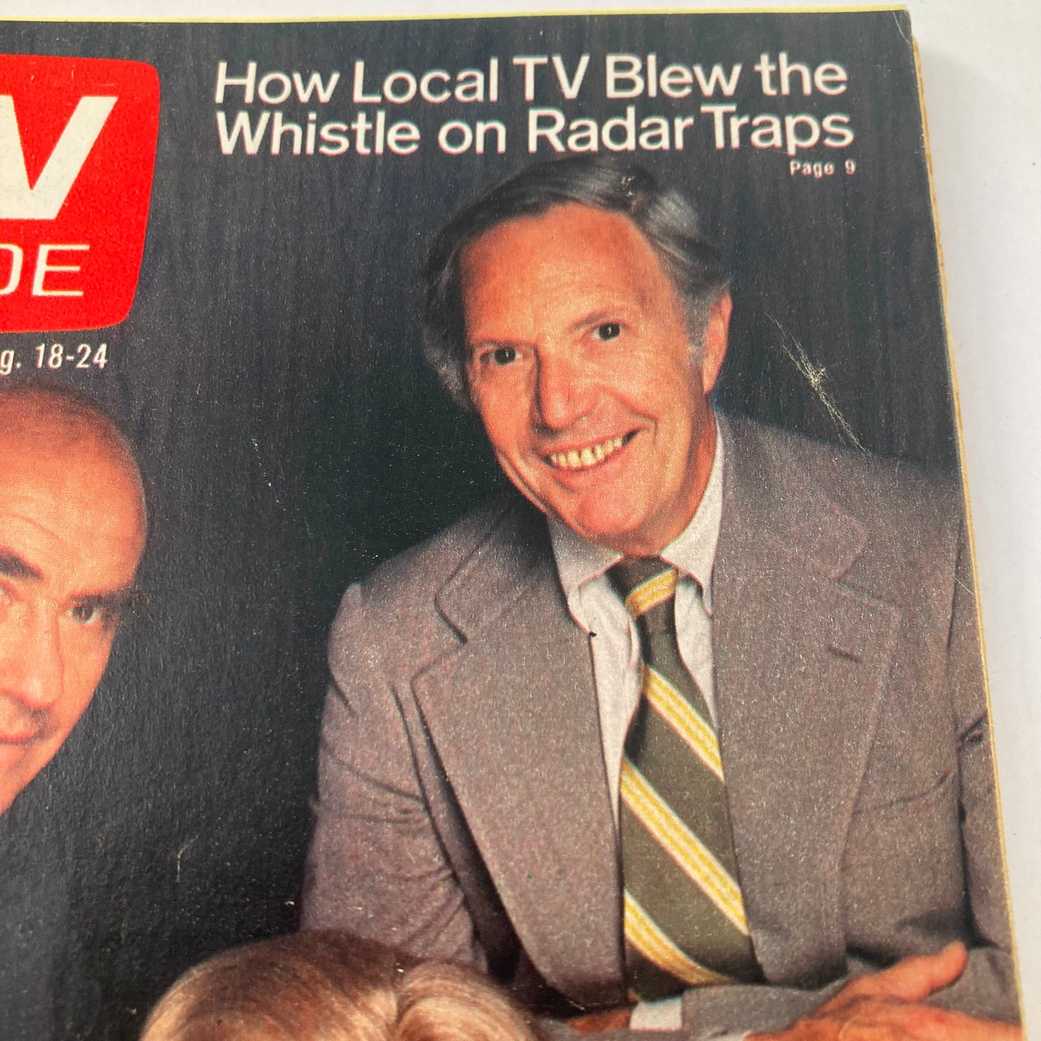 TV Guide Magazine August 18 1979 #1377 featuring Ed Asner on the cover discussing local TV's impact on radar traps, showcasing a smiling man in a suit alongside another man with a female figure, highlighting retro television history.