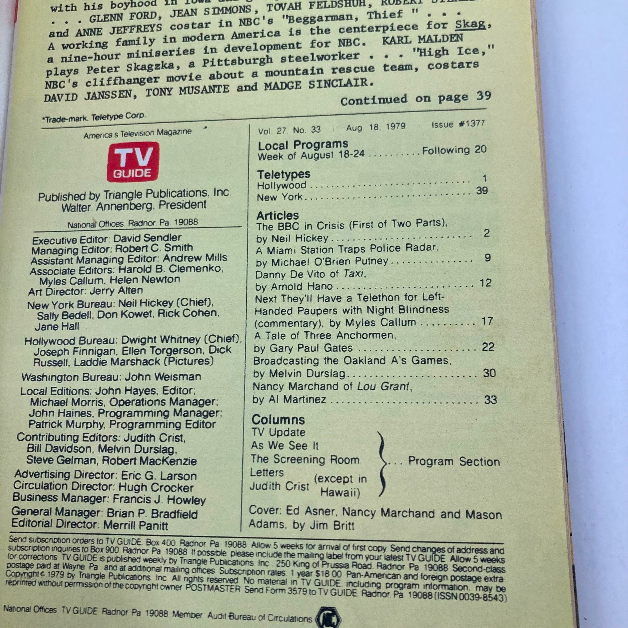 TV Guide Magazine August 18 1979 #1377 inside pages featuring an article list including topics like the BBC in crisis and local programs from that week, reflecting the television culture of the late 1970s.