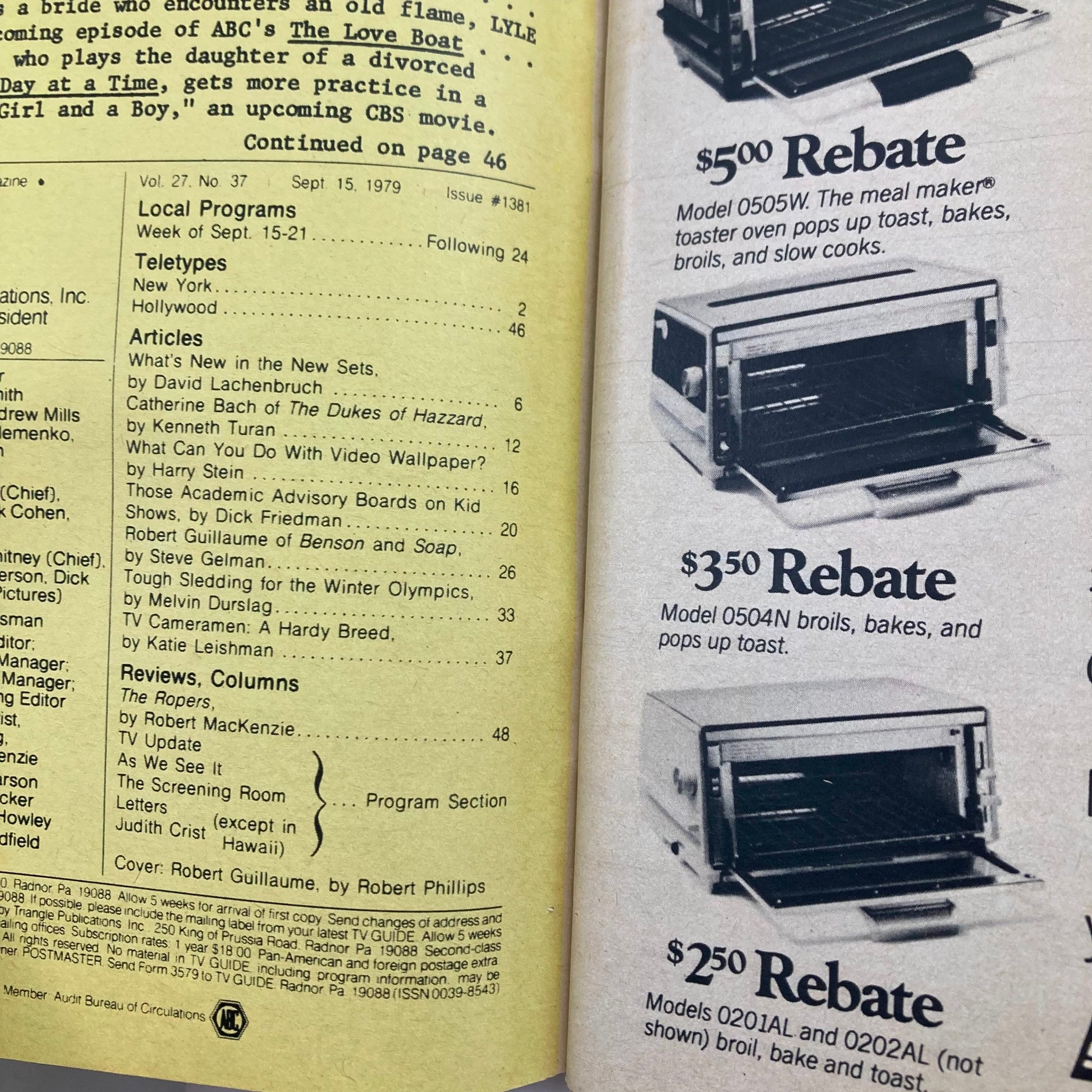 Inside page of TV Guide Magazine, September 15, 1979, Issue #1381, displaying local program listings and articles, including a highlight on Robert Guillaume.