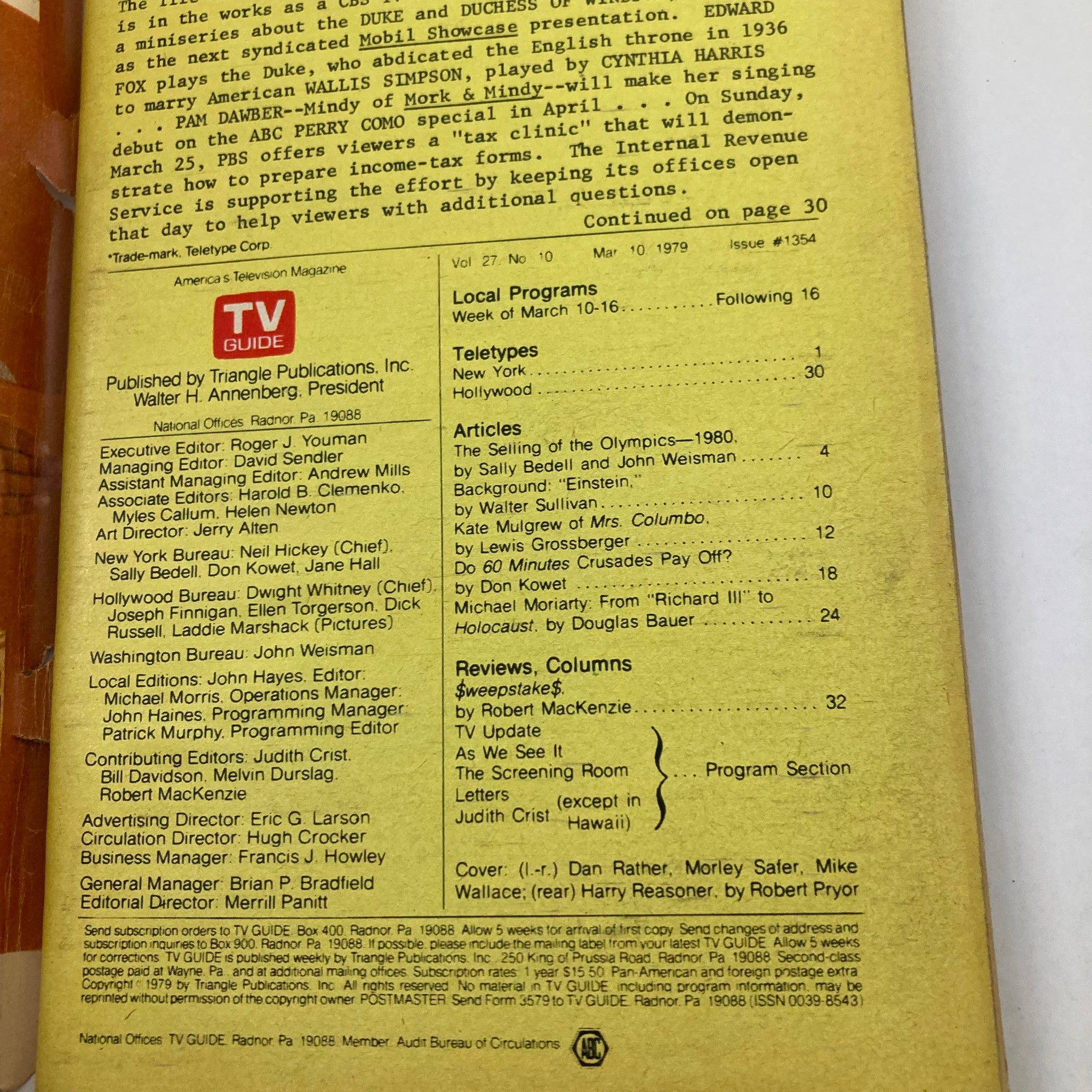 Back cover of TV Guide Magazine March 10 1979 #1354 featuring articles and listings, including Mike Wallace from 60 Minutes and local programs for Northern Indiana.