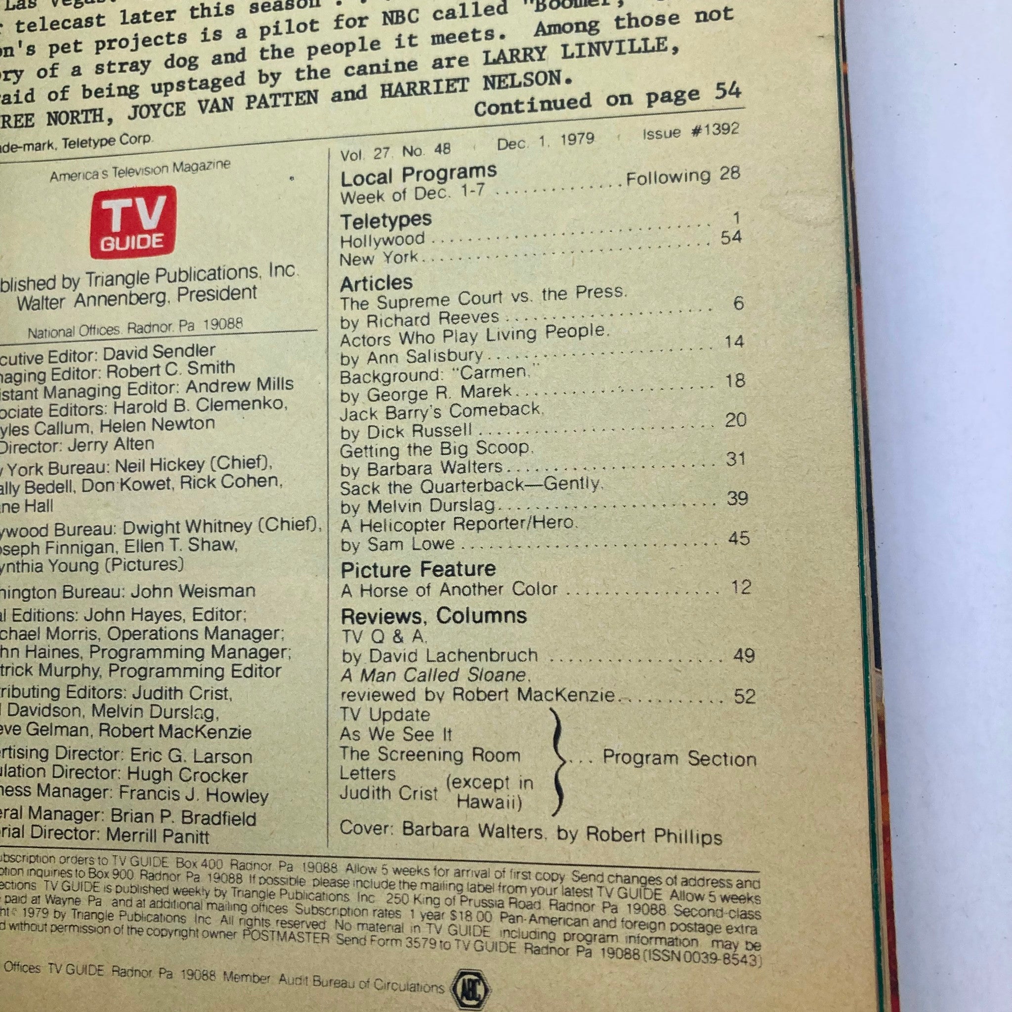 Back cover of TV Guide Magazine December 1 1979 #1392, featuring articles and program listings, including a TV update.