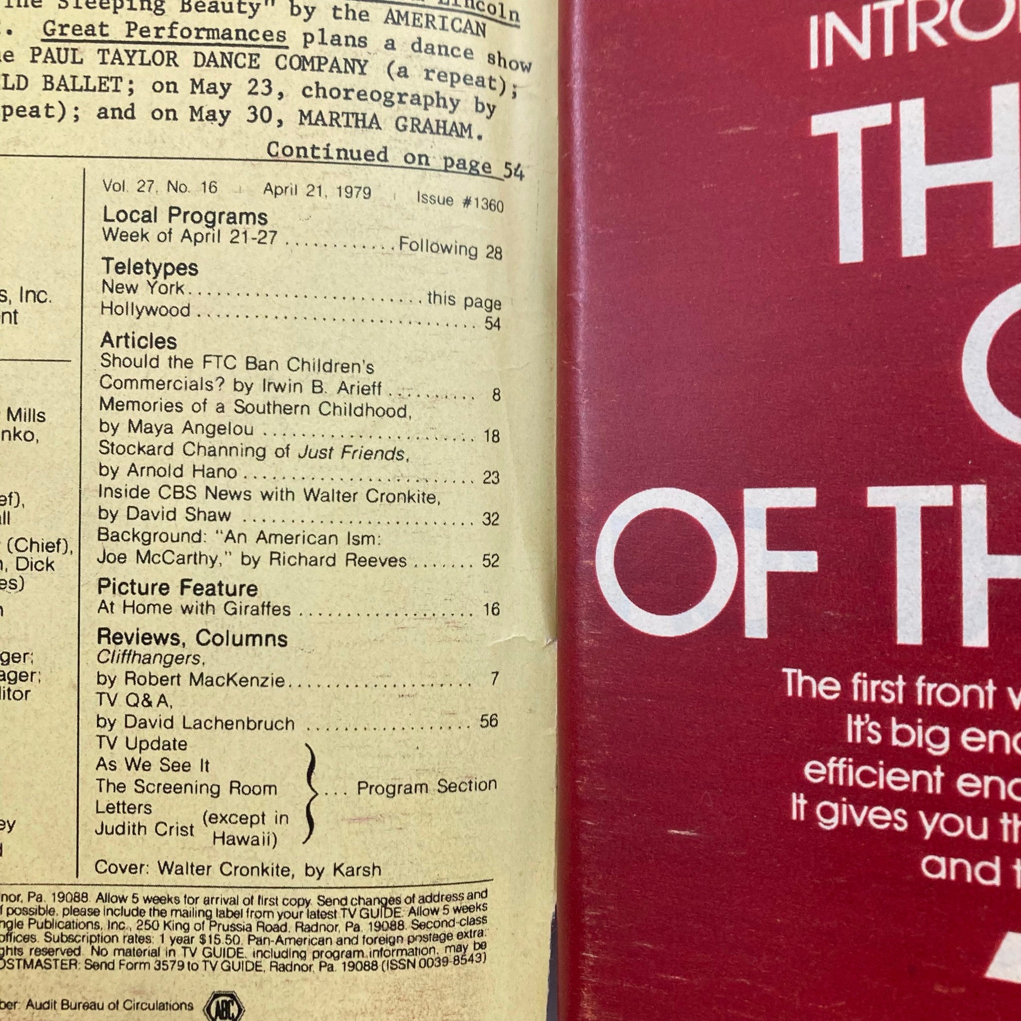 Inside view of TV Guide Magazine April 21 1979 #1360, listing articles and program information, including 'Inside CBS News with Walter Cronkite'.