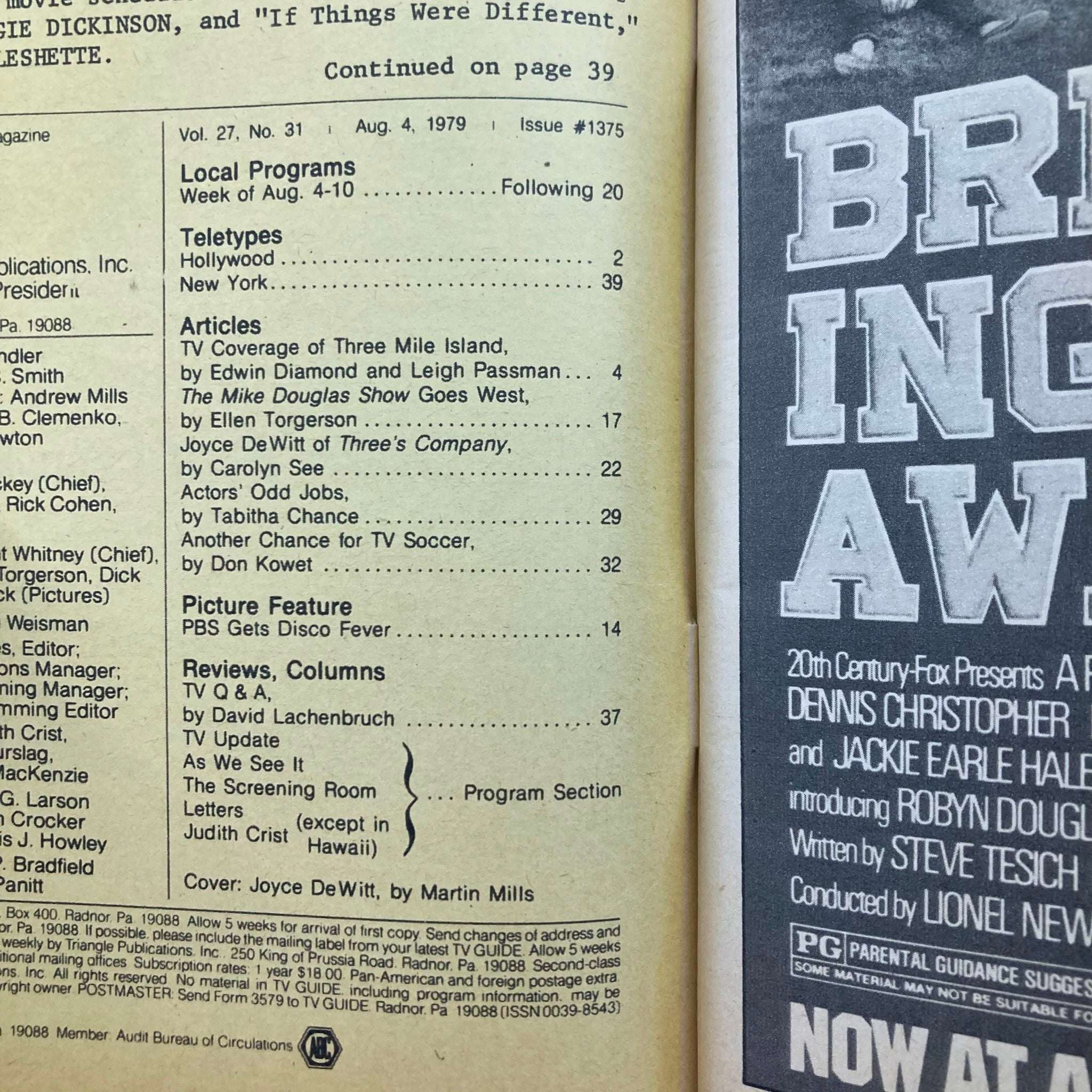 Interior page of TV Guide Magazine August 4 1979 #1375 containing local program listings and articles, showcasing Joyce DeWitt of Three's Company.