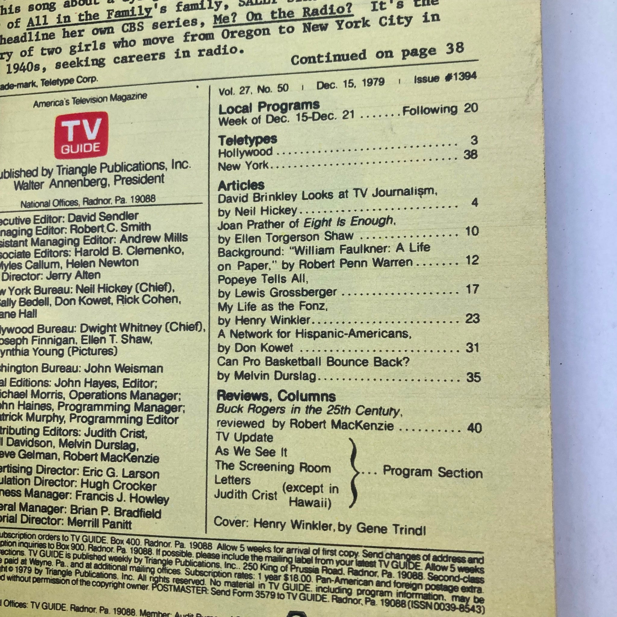 Inside page of TV Guide Magazine December 15 1979, issue #1394, includes a list of articles featuring David Brinkley and Henry Winkler, detailing local program listings and television insights.