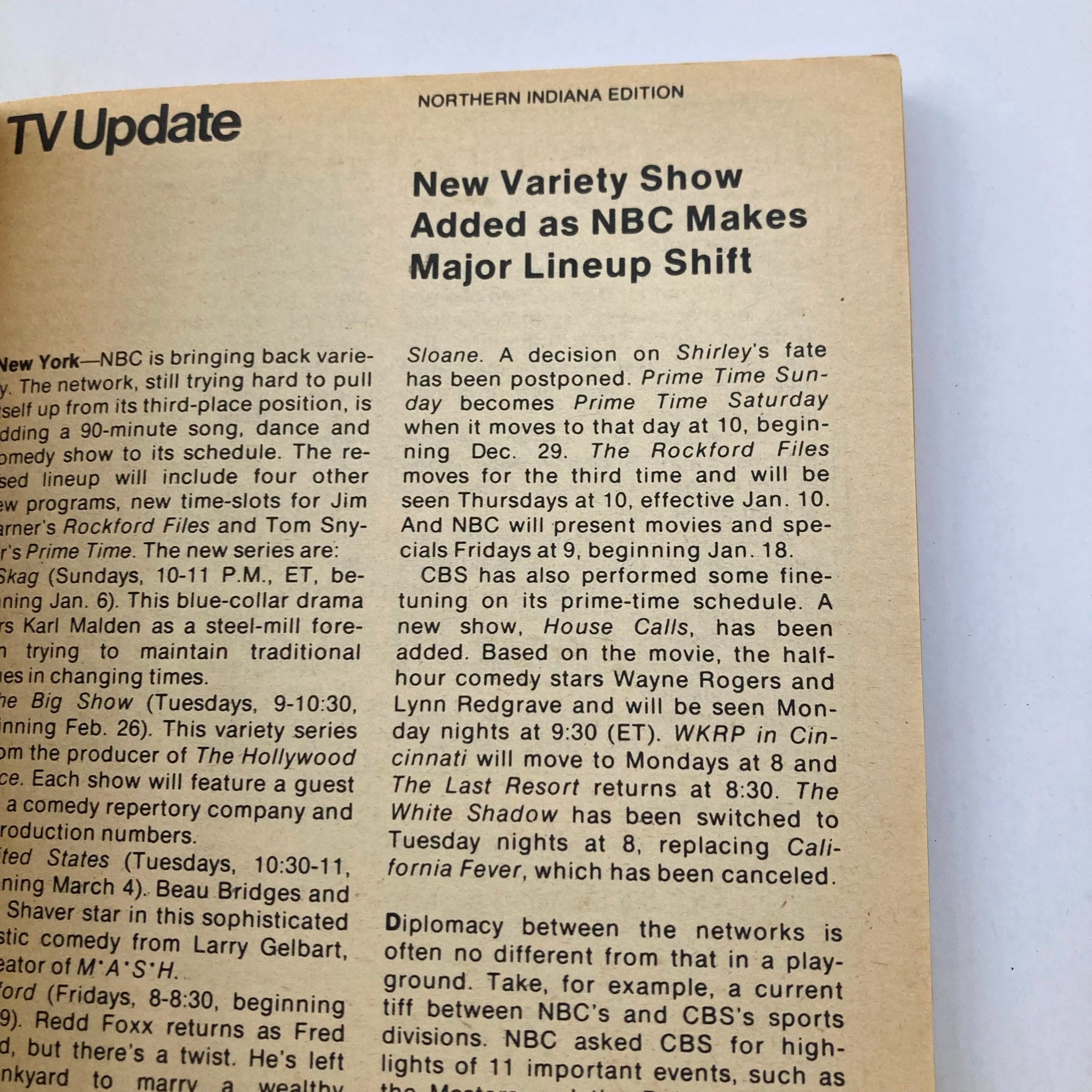 TV Update section from TV Guide Magazine December 15 1979, issue #1394, highlighting new variety shows and major lineup changes on NBC, with program details for upcoming shows.
