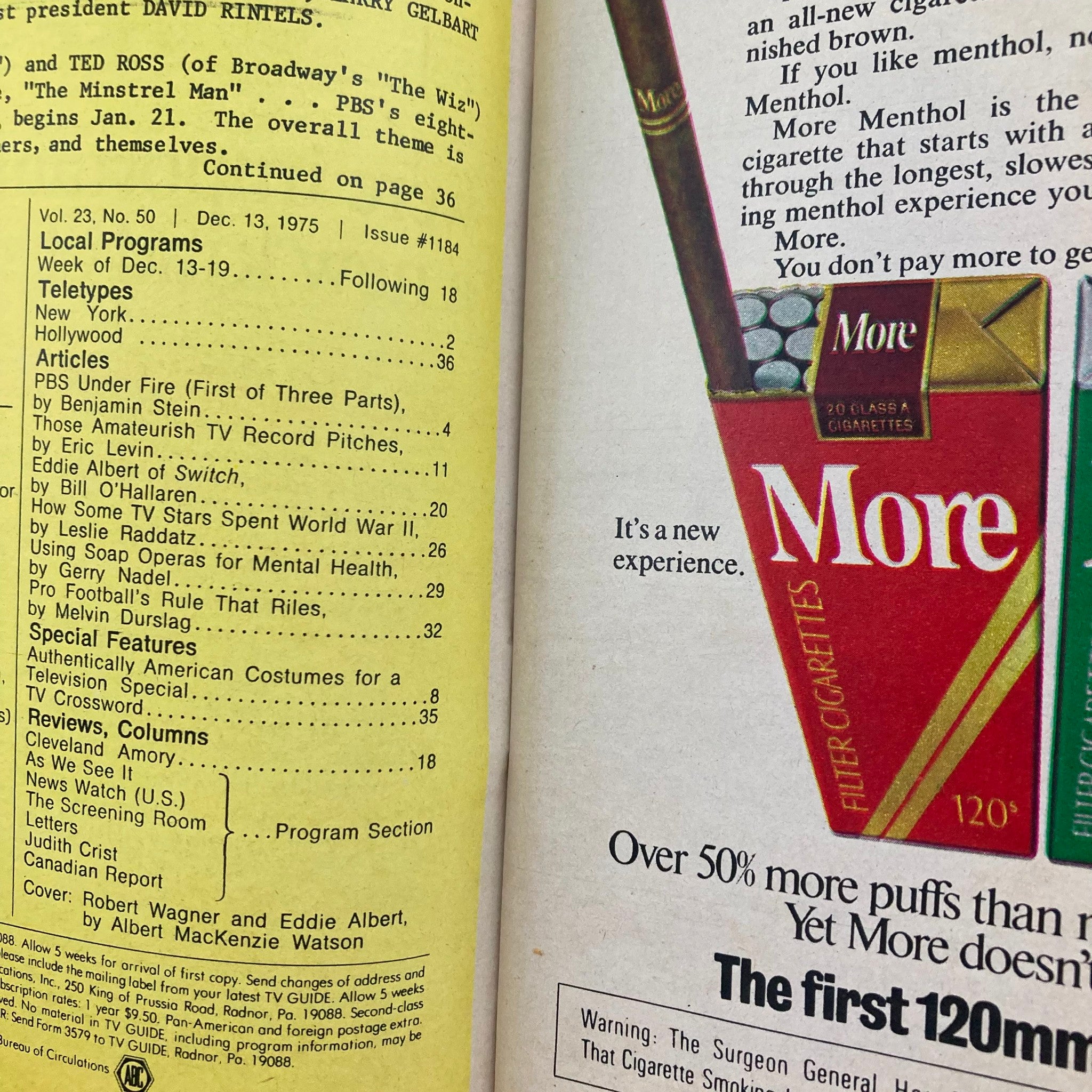 Interior page of TV Guide Magazine December 13 1975 #1184, highlighting local programs for the week, articles, and features including Eddie Albert of 'Switch'. The page offers a detailed table of contents.
