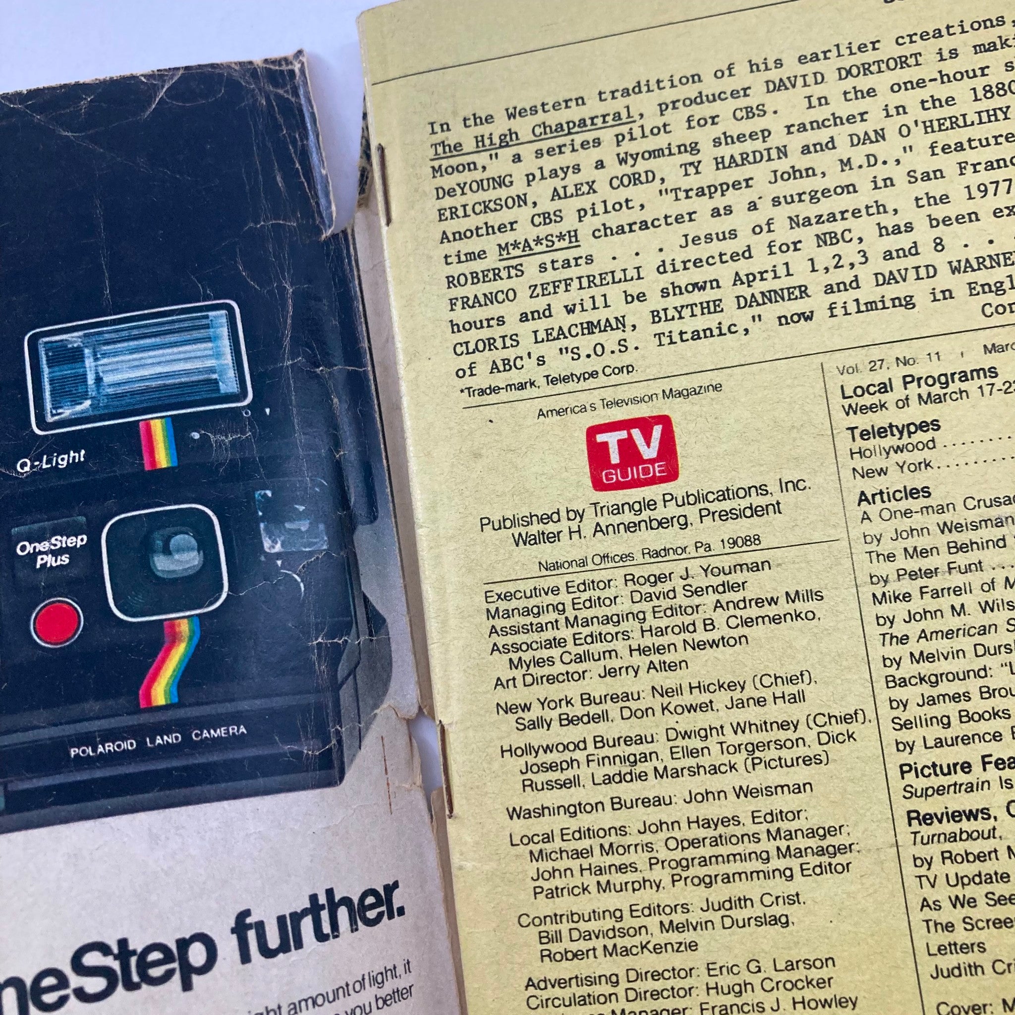 Inside page of TV Guide Magazine March 29, 1979 #1355 showcasing a Polaroid camera advertisement and publication details.