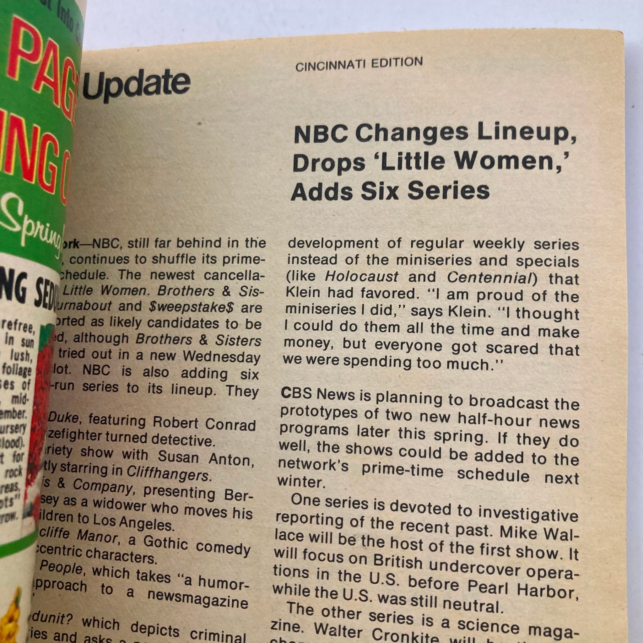 News update page from TV Guide Magazine March 29, 1979 #1355 discussing NBC's changes in lineup and new series additions.