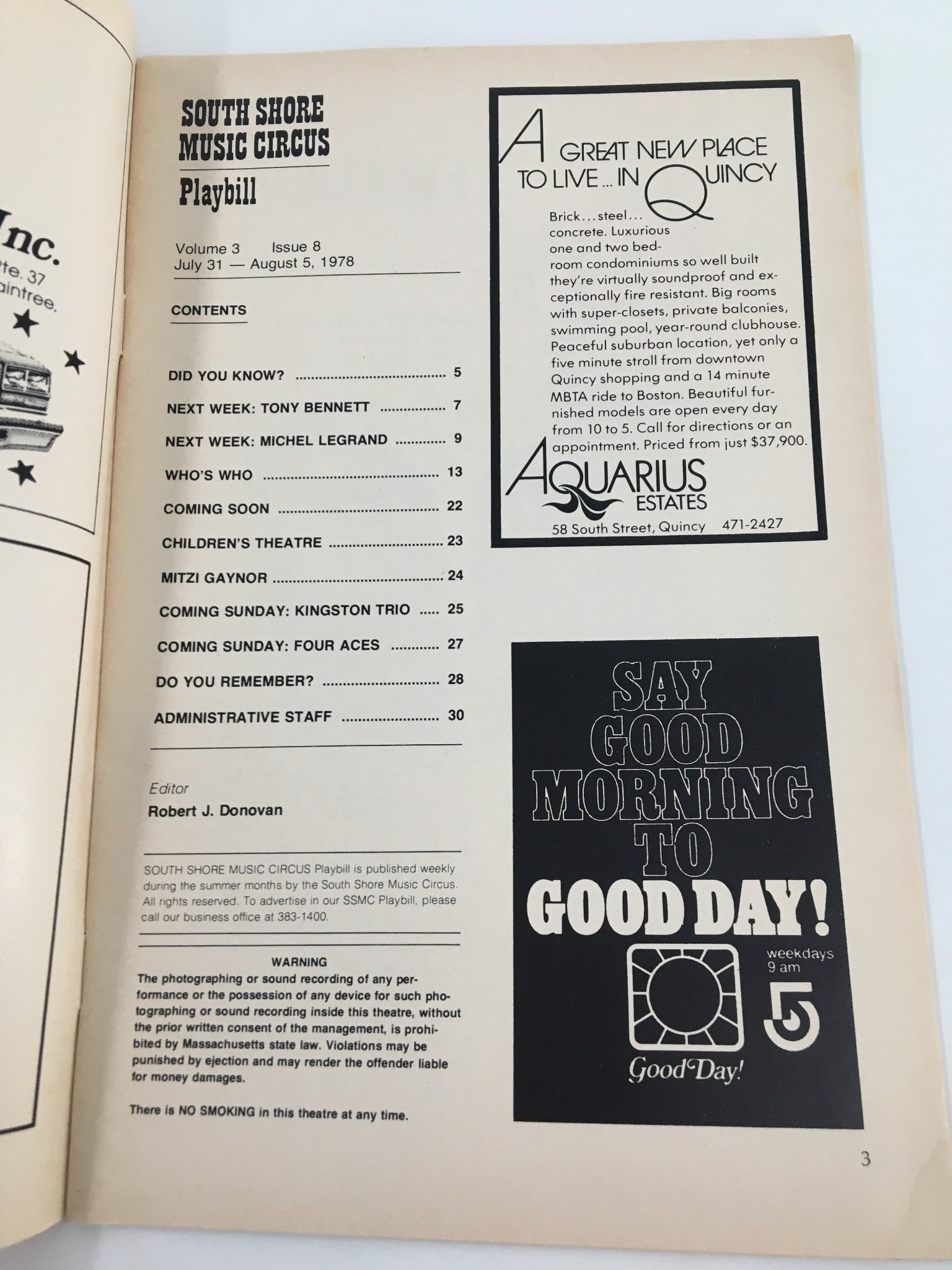 Inside page of the 1978 South Shore Music Circus program highlighting the upcoming performance schedule, including Tony Bennett and Michael Legrand.
