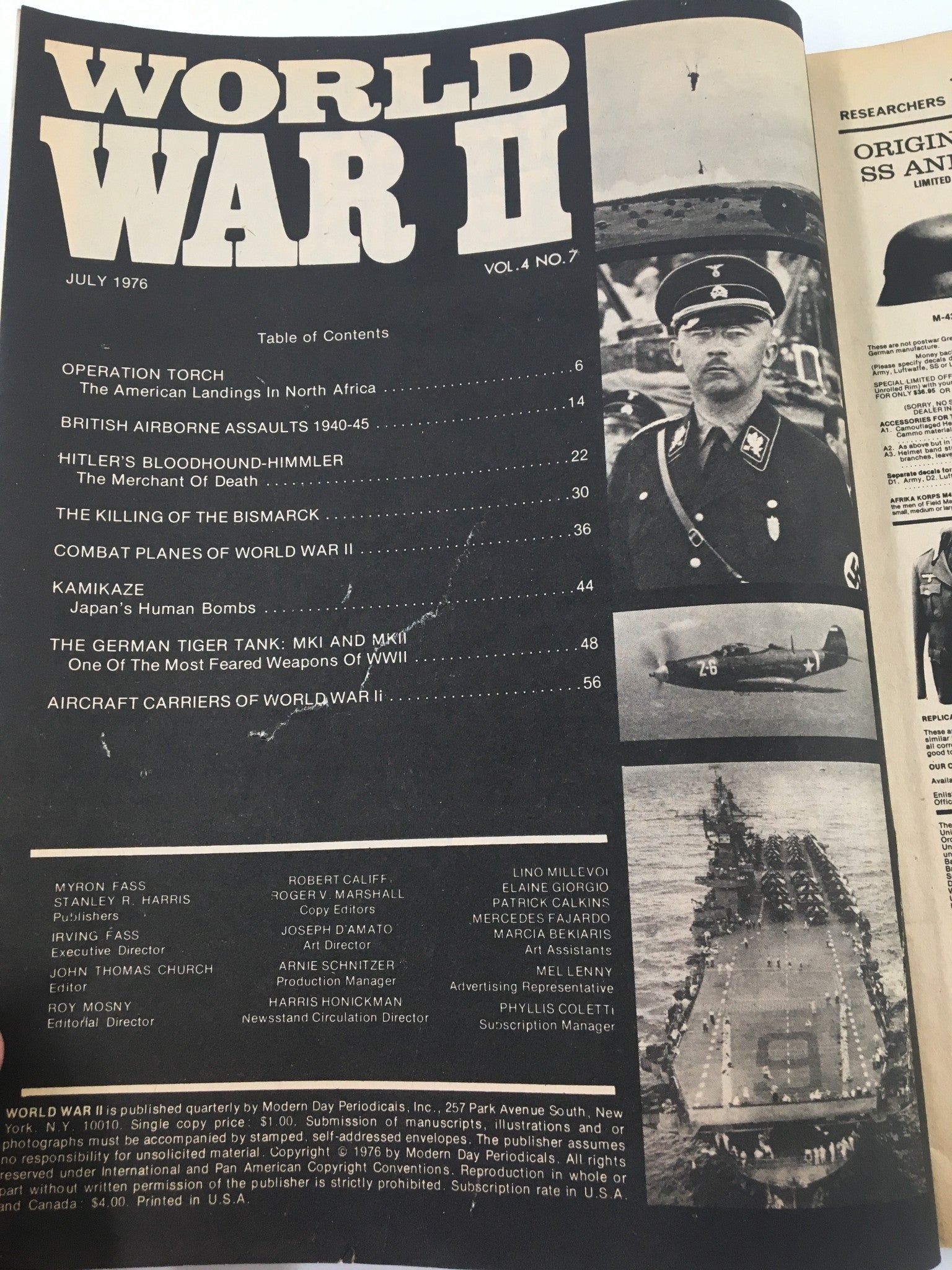 Interior page of VTG World War II Magazine July 1976 displaying the table of contents, featuring articles including 'Kamikaze Japan's Human Bombs' and other WWII topics.