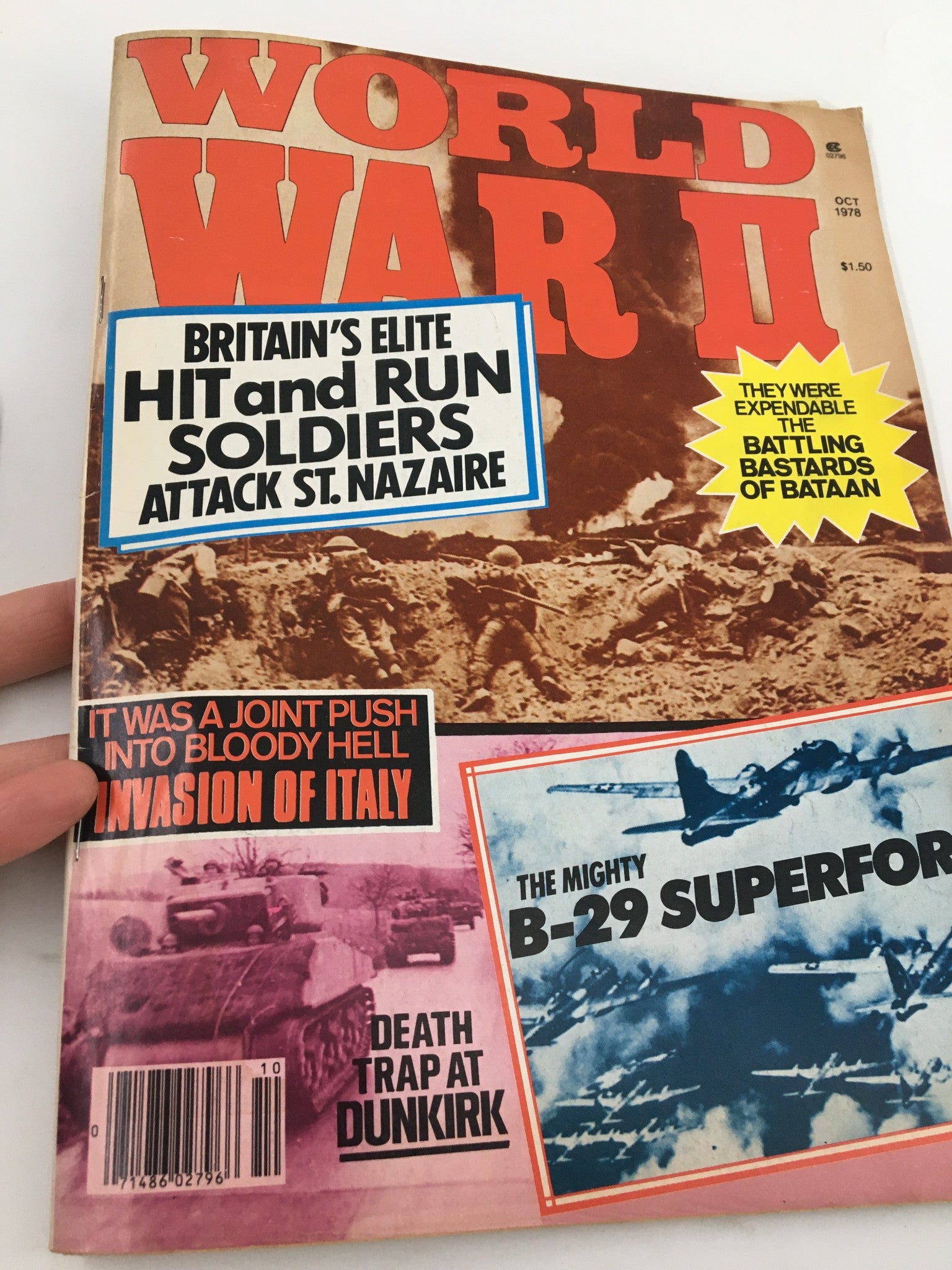 Cover of VTG World War II Magazine October 1978 showcasing bold text highlighting 'WORLD WAR II' and topics like Britain's elite soldiers and the invasion of Italy, complemented by historical visuals.