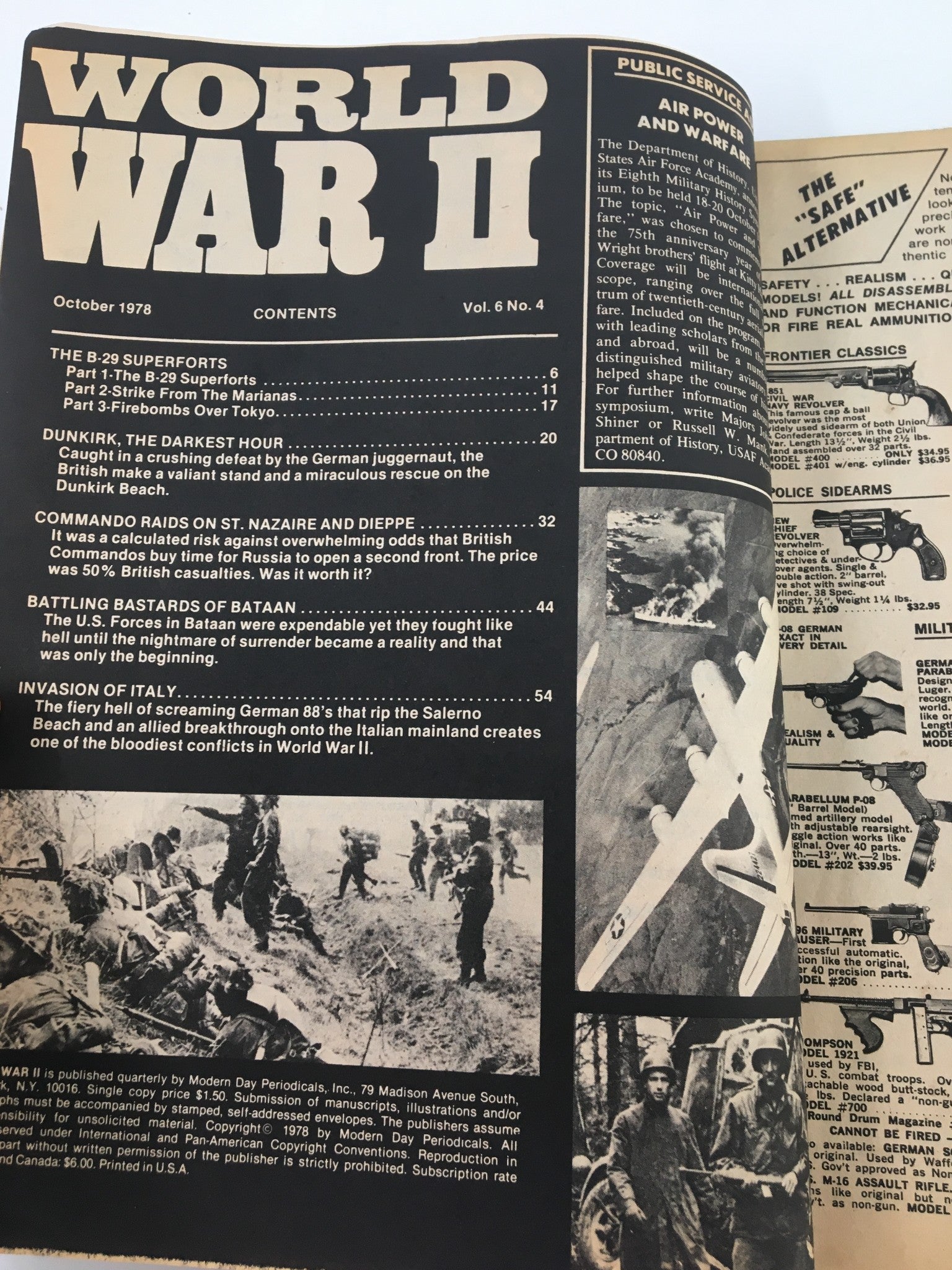 Contents page of VTG World War II Magazine October 1978, detailing articles including the B-29 Superforts, Dunkirk, and the invasion of Italy, illustrated with an image of soldiers and military aircraft.