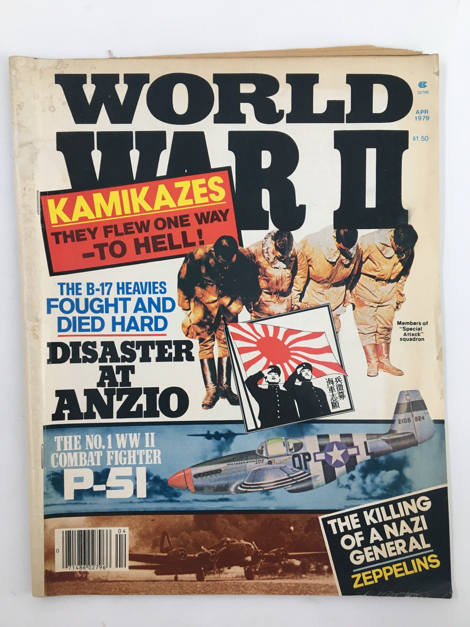Cover of VTG World War II Magazine April 1979 featuring kamikaze pilots, with bold text highlighting historical topics such as the B-17 bombers and the Special Attack Squadron.