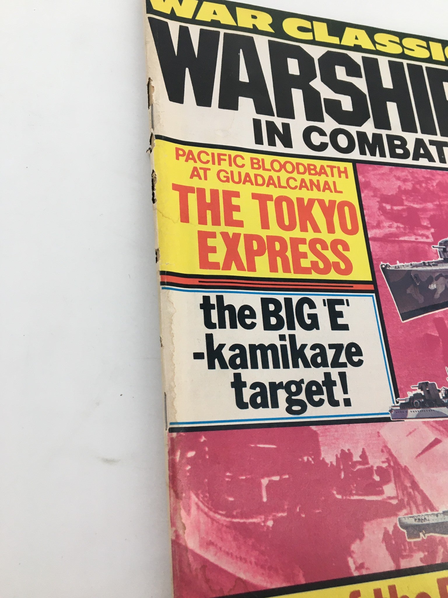 Side view of the VTG War Classics Magazine February 1978, highlighting details of the Warships in Combat issue, including text about the Battle of the Bismarck Sea and the kamikaze target 'Big E'.